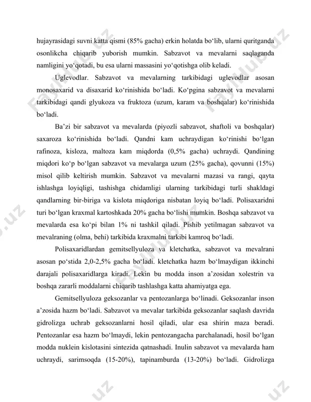 ga xos yuqori molekulali brikmadir. kimyoviy jihatdan protopektin, pektin va pektin kislotaga bo‘linadi. protopektin moddasi pektinni kompleks polimeridir, ya’ni pektinni molekula qoldig‘i kalsiy, magniy va fosfor orqali sellyuloza va gellitselyulozaga brikkan. protopektin fermentlar ta’sirida yoki qaynatilganda pektin, sellyuloza va gemmitselyuloza hosil bo‘ladi. protopektin moddasi suvda erimaydi, to‘qimaga qattiqlik beradi. pektin metil efiri qoldig‘i bilan pektin kislotani kislorod orqali bog‘langan polimeridir. pektin mahsulolarni quyulturuvchi xususiyatiga ega. pektinni g‘uyulturuvchi xususiyatiqand va kislotani konsentratsiyasiga va muhiti rn ga bog‘liqdir. pektinnni quyultirish uchun kerak bo‘lgan moddalarning optimal miqdori (% da): qand-60, kislota-1, pektin-0,5-1,5; rn-3,1-3,5 bo‘lishi kerak. toza holda ajratib olingan poroshok yoki konsentrat holdagi pektinni ko‘pgina qandli qandolat mahsulotlarini (djem, varenye, povidlo, marmelad, pastila va boshqalar) quyultirishga ishlatiladi. sabzavot va mevalarani qaynatilganda protopektin pektinga aylanadi va ularni yumshatadi. karamni tuzlaganda pektin moddasi kalsiy ionini biriktirib olishi natijasida tayyor mahsulot qirsildoq bo‘ladi. organik kislotalar. organik kislotalar sabzavot va mevalrani hujayrasida bog‘liq yoki erkin holda bo‘lishi …