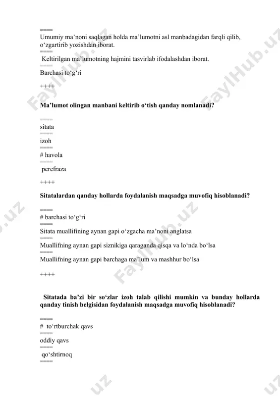 ifasi – ... ==== # u yoki bu (ilmiy, badiiy asarlar, spektakl, kinofilm va sh.k.) asarning tahlili orqali uning ilmiy jarayon va muallif ijodiyotidagi o‘rnini aniqlash, unga xos bo‘lgan yutuq hamda kamchiliklarni isbotlash va baholashdan iborat. ==== asarning bibliografik tavsifi, shuningdek, mazmuni, unda ko‘tarilgan muammolar, asarning g‘oyaviy badiiy xususiyatlari, muallif ijodida, adabiyotda tutgan o‘rni haqida ma’lumot bo‘ladi; asarga baho beriladi, uning asosiy fazilatlari va nuqsonlari qayd qilinadi. ==== badiiy asarni taqriz qiluvchi yozuvchi ijodiy laboratoriyasiga kirishi, uning ichki yo‘nalishini aniqlashi, san’atkorning o‘ziga xos bo‘lgan ijodining asosiy, bosh qonunlarini tushunishi, asarga badiiy asar sifatida mehr bilan yondoshishi, chuqur ijodiy izlanishi kerak. ==== barcha javob to‘g‘ri ++++ taqriz qaysi uslubda yoziladi? ==== # ilmiy uslubda ==== ommabop uslubda ==== rasmiy uslubda ==== so‘zlashuv uslubda ++++ talabalar va magistrantlar tez-tez yozishiga to‘g‘ri keladigan ilmiy ish qanday nomlanadi? ==== # tezis ==== ilmiy ish ==== maqola ==== ma’ruza ++++ tezislar yozish uchun umumiy talablar …