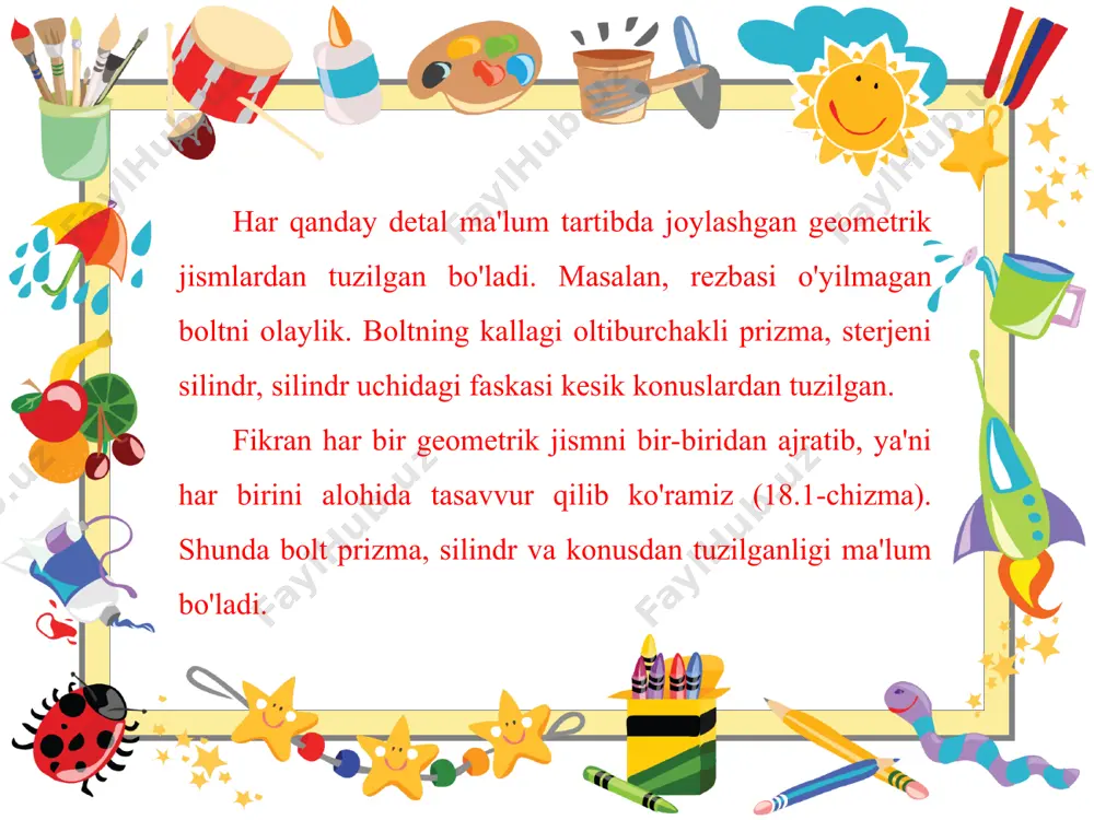 perpendikular bo'lgani uchun nuqta ko'rinishida, qolganlari paral­lel vaziyatda bo'lganligi uchun o'zining haqiqiy kattaligida proyeksiyalanadi. parallelepiped. parallelepiped ko'pyoqliklarning bir ko'rinishi hisoblanib, proyeksiyalar tekisliklariga to'g'ri to'rtburchak shaklida proyeksiyalanadi (18.4-chizma). lekin uning uchala o'lchamlari har xil: balandligi h, kengligi a, qalinligi b bo'ladi. prizma. ko'pyoqliklardan biri hisoblangan prizma turli ko'rinishda bo'ladi. prizmaning muntazam oltiburchakligi texnik detallarda ko'p uchraydi. masalan, bolt, gayka kabilar. muntazam oltiburchakli prizma h tekisligiga muntazam oltiburchak, v tekis-ligiga ikki yon yog'i bilan parallel joylashganligi uchun o'sha yoqlari haqiqiy kattaligida, qolganlari qisqarib proyeksiyalanadi (18.5-chizma). bunday prizmani chizmada eng oldin ustdan ko'rinishi, ya'ni h dagi gorizontal proyeksiyasini chizishdan boshlash lozim. shunda uning v wa w dagi yoqlarim tasvirlashda xatolikka yo'l qo'yilmaydi. bunday prizma, asosan, ikkita d - diametr, ya'ni hamma qirralari uchlariga urinma aylana va balandligi h o'lchamga ega bo'ladi. bu prizma simmetrik jism bo'lgani uchun v da oldingi yoqlari orqasidagi yoqlarini to'sib proyeksiyalanadi. w da ikkita yon yog'i unga perpendikular bo'lgani …
