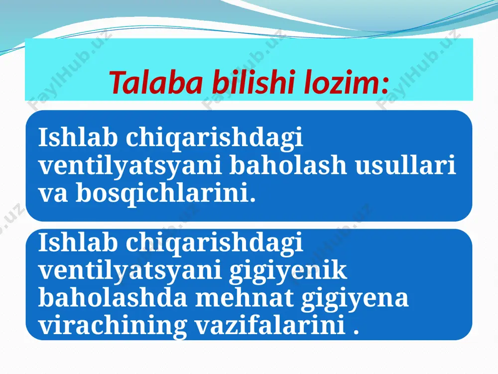 n noto’g’ri foydalanilganda; ventilyatsya tizimi maqsadga muvofiq tanlanmaganida; tashqaridan havo olish va chiqarish joylari noto’g’ri chiqarilganida; havoni keluvchi va ketuvchi tayyorlash moslamasini samaradorsizligi; asosiy va tarqatuvchi havo quvurlarini germetikligini buzulishi. mashg’ulotda qo'llaniladigan yangi pedagogik texnologiya > usuli: guruhni 2-3 kishilik kichik guruhlarga bo’lish; ventilyatsya unumdorligi nima ? ventilyatsya tushunchasiga tarif bering. ventilyatsya samaradorligi qaysi ko’rsatkichlar bilan baholanadi ? nazorat uchun savollar: ventilyatsya tushunchasiga tarif bering. ventilyatsya sistemasini baholashda qaysi qonuniy hujjatlardan foydalaniladi ? ventilyatsya tasnifi. ventilyatsya unumdorligi nima ? ventilyatsya samaradorligi qaysi ko’rsatkichlar bilan baholanadi ? adabiyotlar: 1. gigiyena truda. pod redaksiey akad. ramn, prof. izmerova n.f. m., 2010 y. 2. “mehnat gigiyenasi fanidan amaliy mashg‘ulotlar uchun o‘quv qo‘llanma”. pod redaksiey akad. iskandarova t.i., prof. iskandarovoy g.t.– tashkent, 2009 y. 3. > s.v.alikseev,v.r.usenko moskva 1988 y. 4. > z.i.izrael’son,n.yu.tarasenko 1981 y. qo’shimcha adabiyotlar: . “gigiyena” prof. demidenko n.m. tahriri ostida, t, 2002 y.; . umumiy amaliyot shifokorlarni tayyorlash bo‘yicha yangi …