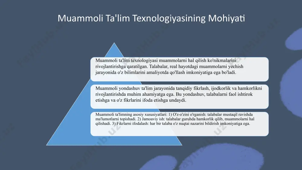 muammolarni hal qilish va tanqidiy fikrlash ko'nikmalarini rivojlantirishga imkon yaratadi. shuningdek, muammoli ta'lim o'quvchilarning ijodkorligini oshiradi. o'quvchilar o'z fikrlarini erkin ifoda etish, yangi g'oyalar ishlab chiqish va o'zaro hamkorlikda ishlash imkoniyatiga ega bo'ladilar. muammoli ta'lim orqali o'quvchilar muammolarni hal qilishda faol ishtirok etadilar, bu esa ularning ishonchini oshiradi. o'zaro fikr almashish va guruhda ishlash ijtimoiy ko'nikmalarini rivojlantiradi. muammoli ta'lim texnologiyasining kelajagi muammoli ta'lim texnologiyasining rivojlanish yo'nalishlari: yangi texnologiyalar, masalan, sun'iy intellekt va virtual haqiqat, ta'lim jarayonida muhim rol o'ynaydi. kelajakda muammoli ta'limning ahamiyati ortadi. innovatsion yondashuvlar ta'lim jarayonini samarali va qiziqarli qiladi, o'quvchilarga amaliy ko'nikmalarni rivojlantirishga yordam beradi. innovatsion yondashuvlar va ta'lim muammoli ta'limda innovatsion yondashuvlar o'quvchilarning mustaqil fikrlash qobiliyatini rivojlantirishga yordam beradi. interaktiv texnologiyalar va masofaviy ta'lim platformalari qo'llaniladi. muammoli ta'limda texnologik yangiliklar texnologik yangiliklar muammoli ta'lim jarayonini qiziqarli va samarali qiladi. masalan, virtual haqiqat va sun'iy intellekt o'quv jarayonini boyitadi. innovatsiyalar orqali ta'lim samaradorligini oshirish innovatsiyalar ta'lim samaradorligini …