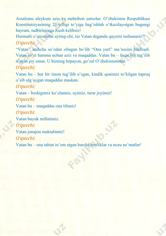 norim. mening quvnchimsan, shodligim borim. seni jonim qadar sevaman, vatan!. sen shunchalar buyuksan, buyuksan, vatan, qudratlisan, qutlug’, suyuksan, vatan. sen mening bayotim, mening qanotim, sen jonim qadar sevaman vatan! bir hovuch tuprog’ing olamga tatir, bog’ingda gullarning ifori atir. bulbullar sayragan ey go’zal chaman, seni jonim qadar sevaman, vatan! “diyor madhi” qo’shiq o’quvchi: bizning vatanimiz o’zbekiston respublikasi bo’lib, poytaxti – toshkent shahri, davlat tili – o’zbek tili. yer maydoni 448,9 ming kv.kmni tashkil etadi. aholi soni 31 million pul birligi - so’m. o’quvchi: o’zbekiston respublikasi 12 ta viloyat va qoraqalpog’iston respublikasidan iborat. o’quvchi: 1991-yil o’zbekiston respublikasi o’z mustaqilligini qo’lga kiritgan. yurtimizning barcha go’shalarida 1-sentabr “mustaqillik kuni” sifatida tantana qilinadi. o’quvchi: mustaqillik, tufayli davlatimiz o’z bayrog’i gerbi, madhiyasi va qomusiga ega bo’ldi. o’quvchi: shukur, erk quyoshi chiqib o’z haqqing huquqing o’zingga qaytdi. bayrog’u gerbingni baland ko’tarib xalqing madhiyangni quvonib aytdi. o’quvchi: o’zbekiston respublikasi davlat madhiyasi 1992-yil 10-dekabrda qabul qilingan. o’zbekiston respublikasining davlat …