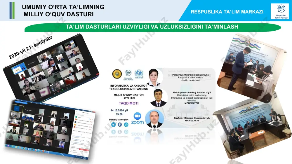 alash. iii bob. video muharrirlar va ular bilan ishlash (4) videomuharrir tushunchasi, videomuharrir dasturlari va ularning imkoniyatlari, movavi dasturi interfeysi, video kesish, burish, eksport qilish, о‘tish effektlari, filtrlar biriktirish, chromakey bilan ishlash iv bob. 3d modellashtirish (10) 3d grafik muharrir dasturlari va ularning imkoniyatlari. blender dasturi interfeysi, sahnani boshqarish, model transformatsiyasi, modelni tahrirlash, mesh obyektlar, materialva tekstura bilan ishlash, rp(tezkor prototiplash) texnologiyasi, 3d panora va u bilan ishlovchi dasturlar. v bob. pythonda dasturlash (20) rо‘yxatlar, kortejlar, lug‘atlar, tо‘plamlar, fayllar, grafika, tasvir, animatsiya bilan ishlash. obyektga yо‘naltirilgan dasturlash tushunchasi. xatoliklar bilan ishlash(debaglash), pygameda oyin maydonini tayyorlash, qahramonlarni(spraytlarni) yaratish, harakatlantirish, klaviatura orqali boshqarish, о‘yinlar yaratish vi bob. veb dizayn. css asoslari (16) veb sayt prototipini ishlab chiqish, css asoslari, css ranglar, matnlar, rо‘yxatlar, bloklar, jadvallar, formalar, rasmlar stili bilan ishlash, veb sayt maketini stilini ishlab chiqish. * 11 sinf (68) i bob. ma’lumotlar bazasi bilan ishlash (10) ma’lumotlar bazasi va mbbt haqida …