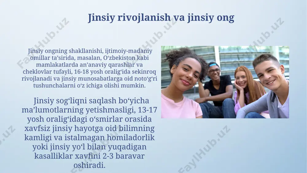 a'ni zararli odatlarga berilib ketishadi (masalan, giyohvandlikka), shuning uchun andijon singari viloyatlardagi profilaktika dasturlari muhim ahamiyat kasb etadi. o'smirlik davrida stressning 70%i o'qishga, ijtimoiy munosabatlarga va kelajak haqidagi noaniqlikka bog'liq bo'lib, ularning samarali boshqarilishini ta'minlash uchun toshkentdagi psixologik markazlar yordam beradi. salomatlik va xavf-xatarlar to'g'ri ovqatlanmaslik va jismoniy faoliyatning yetishmasligi, o'zbekiston kabi rivojlanayotgan mamlakatlarda o'smirlar orasida semirish va yurak-qon tomir kasalliklari xavfini 30% ga oshiradi. ijtimoiy tarmoqlardan ortiqcha foydalanish, taxminan 15 soatdan ortiq vaqt sarflash, aqsh tadqiqotlariga ko'ra, o'smirlar orasida o'z joniga qasd qilish fikrlari va ruhiy salomatlik muammolarining 15% ga ko'payishiga olib kelishi mumkin. shaxsiyatning shakllanishi o‘smirlik davrida shaxsning 60% gacha bo‘lgan xususiyatlari genetik omillarga, qolgan 40% esa ijtimoiy-madaniy muhit, masalan, toshkentdagi oilaviy tarbiya va maktab ta’siri kabi omillarga bog‘liq bo‘lishi mumkin. adolesentlarning o‘z-o‘zini anglash jarayoni 12-18 yosh oralig‘ida keskin o‘zgarib, identifikatsiyaning erikson nazariyasidagi 5-bosqichiga to‘g‘ri keladi va o‘ziga xos rol va ijtimoiy munosabatlarni shakllantirishga olib keladi. ijtimoiy va …