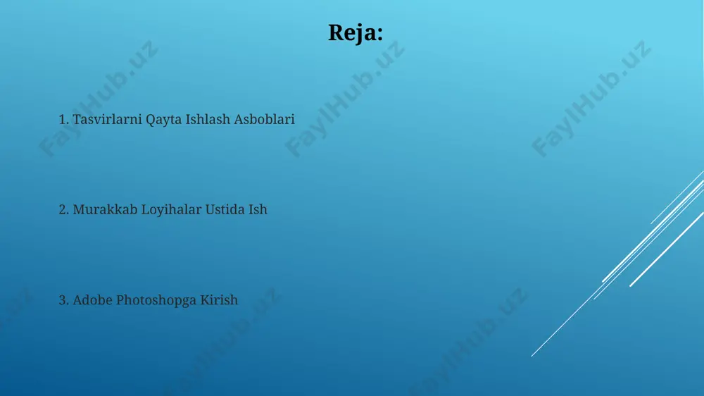 chop etish sifatiga ta'sir qiladi. qatlamlar (layers) paneli yordamida 100 dan ortiq qatlamni boshqarish va har bir qatlamga alohida effektlar qo'llash mumkin. rasmni tahrirlash va tuzatish rasmni qayta o'lchamlashda (resize) kubik (bicubic) interpolyatsiya usulini qo'llash tasvir sifatini saqlashga va piksellarni buzilishini kamaytirishga yordam beradi. adobe photoshop’da rasmni 16 bitli rejimda tahrirlash ranglarning yanada boy va aniqroq ko'rinishini ta'minlaydi, bu esa professional sifatli natijalarga erishish imkonini beradi. rasmni ochish va saqlash photoshopda rasmni 8 bitli rgb rejimida saqlash, fayl hajmini kamaytiradi va vebga joylash uchun ideal, ammo 16 bitli rejim yuqori sifatli chop etish uchun afzalroqdir. photoshop'da rasmni 300 dpi (dots per inch) rezolyutsiyada saqlash yuqori sifatli chop etishni ta'minlaydi, 72 dpi esa veb uchun mos keladi. e'tiboringiz uchun rahmat @taqdimot_robot image1.jpg image2.jpg image3.jpg image4.jpg image5.jpg image6.jpg image7.jpg