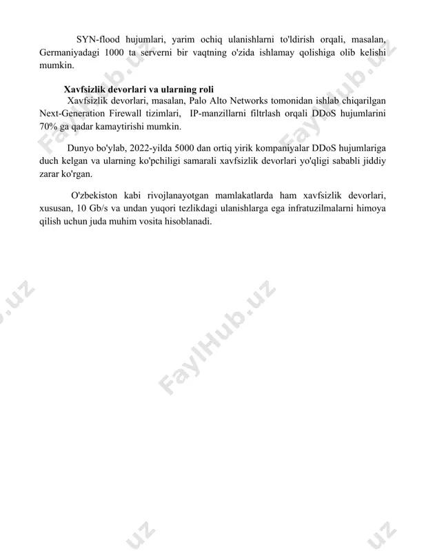 bir vaqtning o'zida minglab soxta http get so'rovlarini yuborish orqali, yaponiyadagi veb-serverlarning ishlashini 50% ga pasaytirishi mumkin. syn-flood hujumlari, yarim ochiq ulanishlarni to'ldirish orqali, masalan, germaniyadagi 1000 ta serverni bir vaqtning o'zida ishlamay qolishiga olib kelishi mumkin. xavfsizlik devorlari va ularning roli xavfsizlik devorlari, masalan, palo alto networks tomonidan ishlab chiqarilgan next-generation firewall tizimlari, ip-manzillarni filtrlash orqali ddos hujumlarini 70% ga qadar kamaytirishi mumkin. dunyo bo'ylab, 2022-yilda 5000 dan ortiq yirik kompaniyalar ddos hujumlariga duch kelgan va ularning ko'pchiligi samarali xavfsizlik devorlari yo'qligi sababli jiddiy zarar ko'rgan. o'zbekiston kabi rivojlanayotgan mamlakatlarda ham xavfsizlik devorlari, xususan, 10 gb/s va undan yuqori tezlikdagi ulanishlarga ega infratuzilmalarni himoya qilish uchun juda muhim vosita hisoblanadi. 📌xulosa do's atakalar tufayli veb-saytning ishlamay qolishi jiddiy moliyaviy yo'qotishlarga va obro'-e'tiborning pasayishiga olib kelishi mumkin. shuning uchun, ddos hujumlaridan himoya qilish uchun samarali choralar ko'rish zarur. 📚foydalanilgan adabiyotlar 1. ddos hujumlari tufayli veb-saytlarning ishlamay qolishi haqida ma'lumotlarni topish …