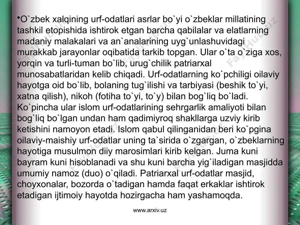 yotida nihoyatda muhim ahamiyatga ega bo`oladi va ayniqsa tantanali nishonlanadi. umumiy xususiyatlari bo`la turib, u turli viloyatlarda o`zgacha tusda bayram qilinadi. nikoh marosimining asosiy payti kelinning ota-onasining uyidan kuyovning uyiga o`tishi paytidir. to`y kuni kuyovnikida to`y oshi (palov) tayyorlanadi va kelinnikiga yuboriladi, u yerda u dasturxonga tortiladi. xuddi shunday osh kuyovning uyida ham o`tkaziladi. to`y kuni masjidning imomi ikki yoshga «xutbai nikoh» ni o`qiydi, shundan so`ng ular xudo oldida er-xotin deb e`lon qilinadi. imom yoshlarga er va xotinning huquqlari va majburiyatlarini tushuntiradi. odatda nikoh o`qilganidan so`ng yoshlar o`zining fuqarolik nikohini qayd etish uchun zags ga boradi. www.arxiv.uz www.arxiv.uz to`y kuni kelinnikida kuyovga sarpo (to`yga sovg`a qilingan kiyimlar va poyafzal) kiydiriladi, shundan so`ng kuyov o`z oshnalari bilan kelinning ota-onasi huzuriga salom berish uchun boradi. kuyovning oshnalari bilan qaytganidan so`ng kelin ham keladi. kuyovning uyiga yuborishdan avval kelinnikida ota-ona bilan xayrlashish marosimi bo`lib o`tadi. kelin bilan birga yaqin o`rtoqlari ham boradi. ular …