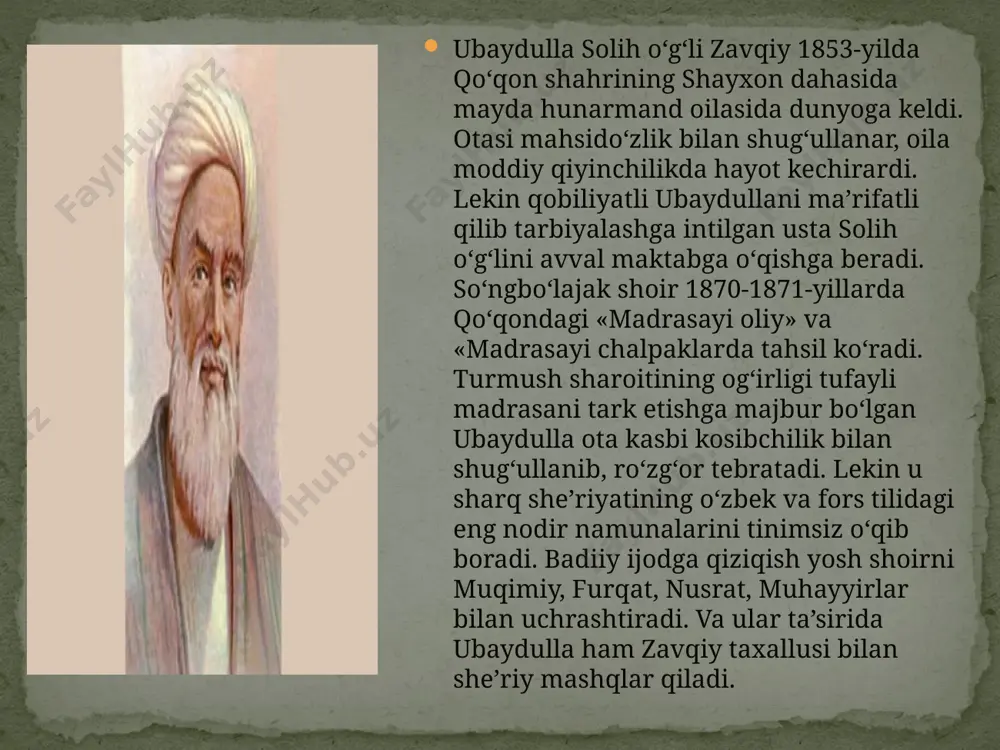 a nozik kuzatganligi va o‘ziga xos ifodalaganligi uning ta’sirchanligini oshirgan: nazokat ortturay desang, misoli g‘uncha xomush bo‘l, nadinkim og‘zini to ochdi gul, bargi xazon bo‘ldi. zavqiy 1905- yilning avji yozida savdo bilan shug`ullanib, o'zgalarning haqiga xiyonat qiladigan 46 nafar baloxo'rni fosh etib bitilgan „hajvi ahli rasta" she'rini maxsus qog'ozga katta harflar bilan yozib, mo'ymarak ataluvchi saylgohning eng gavjum joyidagi terakka ilib qo'yadi. • she'rda haromdan hazar qilmaydigan savdogar, boy va sudxo'rlar ochiqchasiga o'rinli tanqid qilingan va mahorat bilan kulgiga olingan edi. • zavqiy tomonidan butun farg'ona vodiysiga sharmanda qilingan bu shaxslar albatta, jimgina qarab turishmadi. ular shahar hokimiga ariza berib, shoirning ustidan ish qo'zg'atishga erishdilar. • uzoq davom etgan tergovlardan so'ng zavqiy yuz so'm jarima to'lab, qamoqdan qutulib qoladi. asarlari • zavqiy adabiyotimiz tarixida yirik hajvchi shoir sifatida ham e’tirof etiladi. • uning bir qator asarlarida, jumladan, «ajab zamona», «qahatchilik», «zamona kimniki», «veksel» kabi she’rlarida mustamlaka tuzumidagi ijtimoiy tengsizlik, adolatsizlik, …