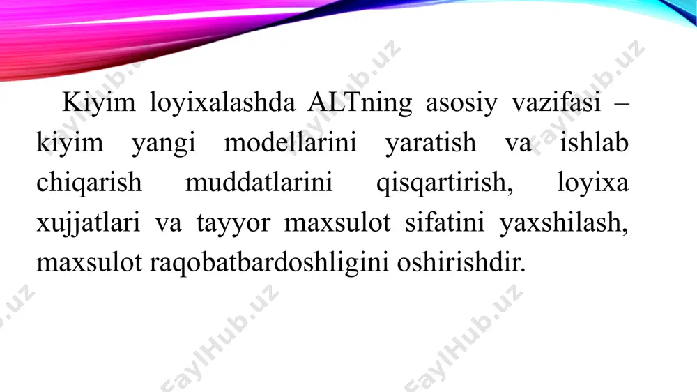 ning uchun bu kabi tizimlardan katta andozalar xo`jaligiga ega bo`lgan korxonalarda foydalanib bo`lmaydi. noparametrik avtomatlashtirish tizimlarida loyixalash ob’yektlari kompьyuter grafikasi yordamida tasvirlanadi. shu sababli noparametrik tizimlar ko`pincha grafik tizimlar deb yuritiladi. andozalarni tasvirlashning grafik usuli andoza konturini chizish va uni kompьyuter xotirasida saqlash uchun oddiy grafik elementlardan (chiziq, nuqta, yoy, splayn) foydalanishga asoslangan. bunday universal yondashuv qisqa vaqtda kompьyuterda har qanday geometrik shakldagi andozani tasvirlash imkonini beradi va shu sababli u juda ko`p tizimlarda uchraydi. andozalarni chizish va taxrirlash konstruktor uchun tabiiy bo`lgan ma’lumotlarni taqdim etish rejimida olib boriladi va andozalar konstruktiv nuqtalar koordinatalari ko`rinishida saqlanadi. . har bir bo`lak alohida saqlangani uchun kompьyuter xotirasida ko`p joyni egallaydi. biroq shunga qaramay, andoza konturini grafik usulda taqdim etish va ularning qog`ozli analoglarini kompьyuterga kiritish ancha oson bo`lib, boshqa tizimlarda yaratilgan andozalarni ham konvertatsiya qilish mumkin. ikkala usulda ham andozalarni tekislikda loyixalashning an’anaviy metodikasidan foydalaniladi. grafik taxrirlash tizimlarining eng ko`p tarqalgan funktsiyalari …
