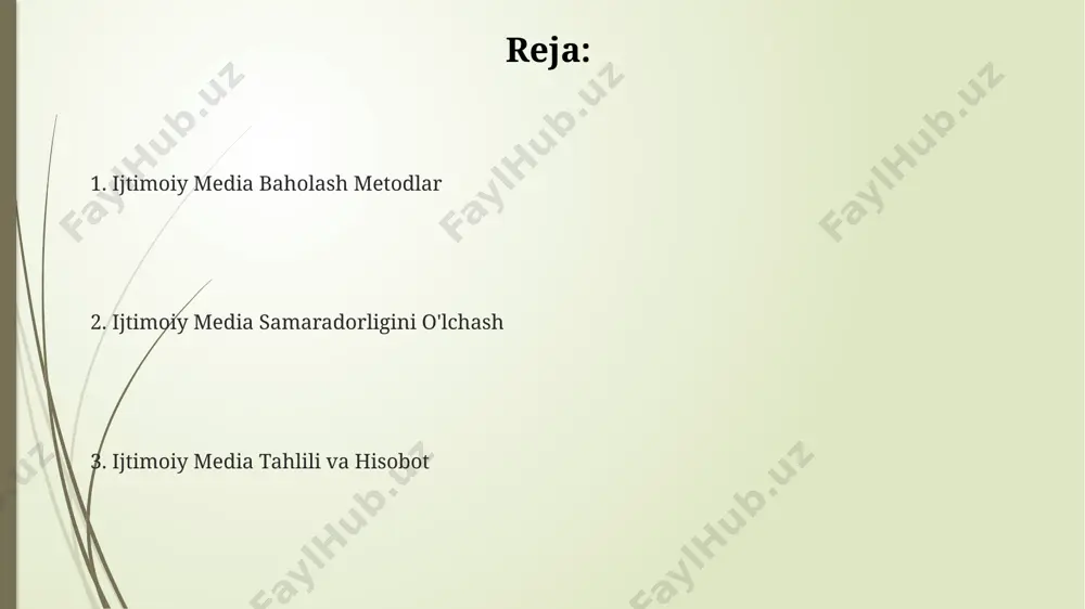 т учун муҳим демографик кўрсаткич ҳисобланади. hisobotlarni tayyorlash va taqdim etish samarqand viloyatida joylashgan 3 ta korxonaning ijtimoiy media faoliyatini baholash natijalari shuni ko'rsatdiki, hashtaglarning samarali ishlatilishi 20% ga yaqin o'sishga olib kelgan. 2023-yilgi hisobotlarni tayyorlashda toshkentdagi 5 ta yirik kompaniya ma'lumotlarini tahlil qilish orqali 15% ga yaqin aniqlikni oshirish mumkinligini ko'rsatdik. farg'ona vodiysidagi 10 ta kichik biznesning ijtimoiy media hisobotlarini tahlil qilishda, eng yaxshi natijalarga erishganlarning 80% dan ortig'i organik kontentga e'tibor qaratgan. ijtimoiy mediani baholashning ahamiyati ijtimoiy media marketing kampaniyalari samaradorligini baholash, 2023-yil ma’lumotlariga ko‘ra, o‘zbekistonda 10 milliondan ortiq foydalanuvchini qamrab olgan holda, investitsiyalarni optimallashtirish va roi (return on investment) ni oshirish uchun juda muhimdir. ijtimoiy tarmoqlardagi brend obro'sini kuzatish va 500 dan ortiq salbiy fikr-mulohazalarni tahlil qilish, toshkent kabi yirik shaharlarda mijozlarning munosabatini tushunish va kerakli o'zgarishlarni amalga oshirish uchun zarurdir. ijtimoiy mediadagi raqobat tahlili, masalan, 15 ta raqobatdosh kompaniyaning faoliyatini taqqoslash va ularning strategiyalarini o'rganish, samarqanddagi …