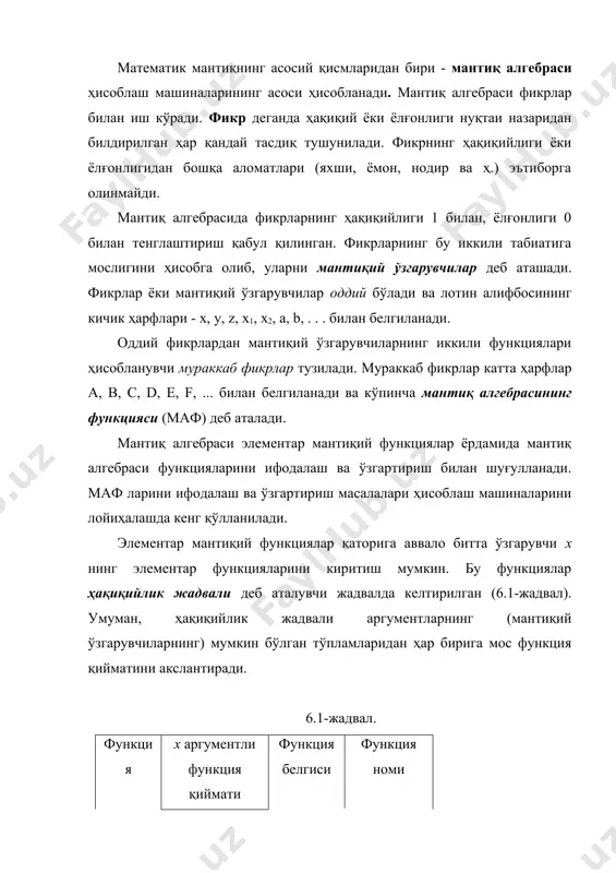 ккита х ва у ўзгарувчиларнинг элементар мантиқий функцияларини кўрайлик (6.2-жадвал). 6.2-жадвал функция ху аргументли функция қиймати функция белгиси функция номи 00 01 10 11 f0 0 0 0 0 0 доимо ёлғон f1 0 0 0 1 x(y конъюнкция f2 0 0 1 0 у бўйича таъқиқ f3 0 0 1 1 x х доимо ҳақиқий f4 0 1 0 0 y х бўйича таъқиқ f5 0 1 0 1 y у доимо ҳақиқий f6 0 1 1 0 x(y х ва у ни 2 нинг модули бўйича қўшиш f7 0 1 1 1 x(y дизъюнкция f8 1 0 0 0 x(y пирс стрелкаси f9 1 0 0 1 x(y тенг қийматлилик f10 1 0 1 0 у доимо ёлғон f11 1 0 1 1 x(y импликация f12 1 1 0 0 х доимо ёлғон f13 1 1 0 1 y(x импликация f14 1 1 1 0 х/y шеффер штрихи …