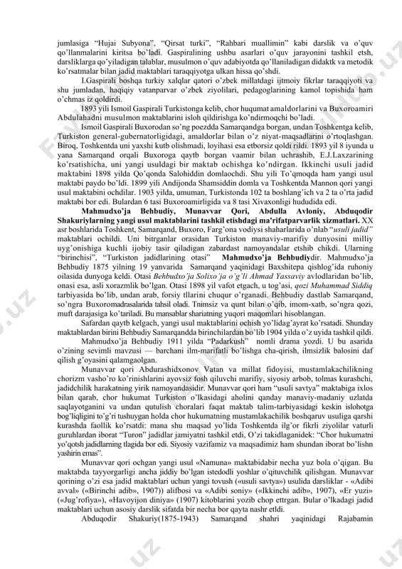 muqaddimasida uning maqsadi sifatda insonga yaxshi xulq egallashi zarurligi takidlanadi va u odob qoidalarini egallab olmasa va yaxshi xulq bilan odobli va toza bo’lmasa, nafaqat o’ziga, balki butun dunyoga yomonlik tarqatadi, deydi va quyidagi masnaviyni keltradi: adabsiz na o’zi uchun yomonlik qiladi, balki butun dunyoga o’t qo’yadi. “odob as-solihin” asarida bayon etlgan botniy va zohiriy qoidalar: 1. salomlashish va ruxsat so’rash odobi. 2. muloqot odobi. 3. uxlash va yo’l yurish odobi. 4. suhbatlashish odobi. 5. er-xotn odobi. 6. tozalik qoidalari. 7. mehmon kutsh odobi. 8. ziyofat vaovqatlanish odobi. 9. safar qoidalari. xix asrning 2-yarmida turkistonda maktablar tizimi. o’lkani rossiya imperiyasi bosib olgandan so’ng 1870 yillarda qizlar talimi bo’yicha bazi malumotlar mavjud. turkistonda shahar va qisman qishloqlarda qizlar uchun boshlang’ich maktablar ham mavjud bo’lgan. qishloq joylarda qizlar maktabi juda kam hollarda uchrar edi. bazi hududlarda 100 ta maktabga bitta qizlar maktabi ham to’g’ri kelmas edi. biroq bazi shaharlarda qizlar maktablarining soni …