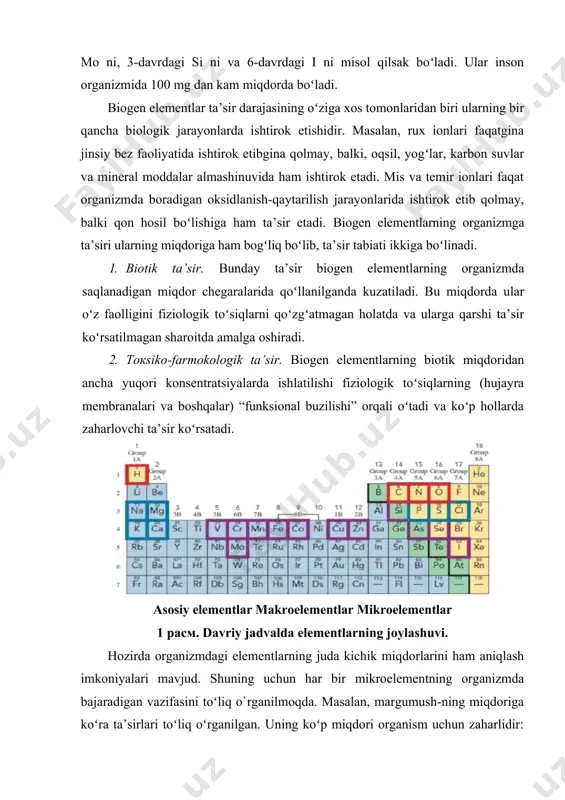 ganizm uchun zarur boʻlgan elementlar - mikroelementlar deb ataladi. ularga 4-davrdagi mo ni, 3-davrdagi si ni va 6-davrdagi i ni misol qilsak boʻladi. ular inson organizmida 100 mg dan kam miqdorda boʻladi. biogen elementlar ta’sir darajasining oʻziga xos tomonlaridan biri ularning bir qancha biologik jarayonlarda ishtirok etishidir. masalan, rux ionlari faqatgina jinsiy bez faoliyatida ishtirok etibgina qolmay, balki, oqsil, yogʻlar, karbon suvlar va mineral moddalar almashinuvida ham ishtirok etadi. mis va temir ionlari faqat organizmda boradigan oksidlanish-qaytarilish jarayonlarida ishtirok etib qolmay, balki qon hosil boʻlishiga ham ta’sir etadi. biogen elementlarning organizmga ta’siri ularning miqdoriga ham bogʻliq boʻlib, ta’sir tabiati ikkiga boʻlinadi. 1. biotik ta’sir. bunday ta’sir biogen elementlarning organizmda saqlanadigan miqdor chegaralarida qoʻllanilganda kuzatiladi. bu miqdorda ular oʻz faolligini fiziologik toʻsiqlarni qoʻzgʻatmagan holatda va ularga qarshi ta’sir koʻrsatilmagan sharoitda amalga oshiradi. 2. токsiko-farmokologik ta’sir. biogen elementlarning biotik miqdoridan ancha yuqori konsentratsiyalarda ishlatilishi fiziologik toʻsiqlarning (hujayra membranalari va boshqalar) “funksional buzilishi” …