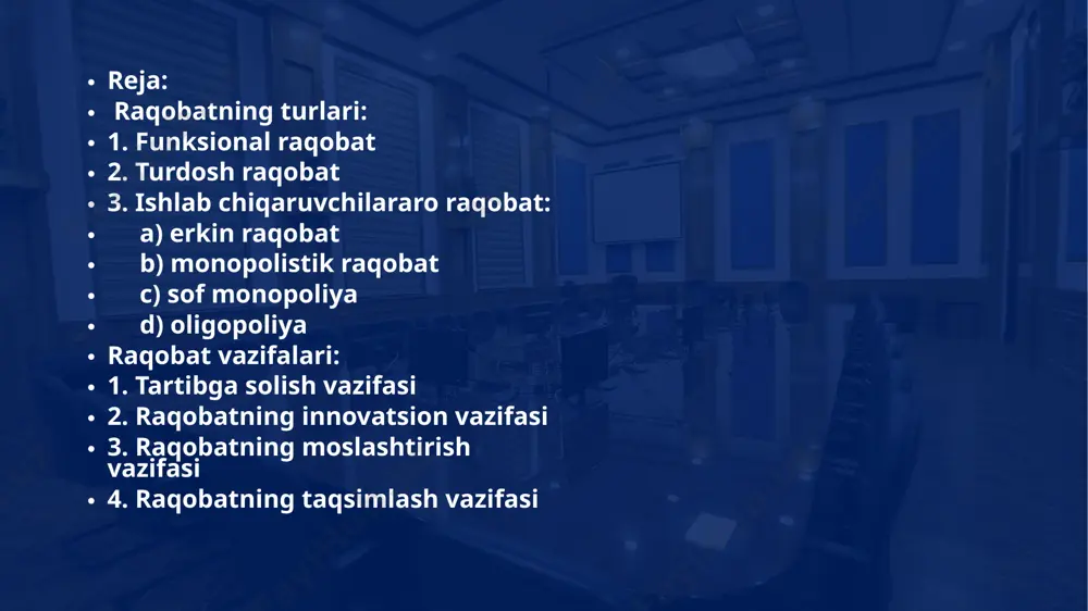 rish vazifasi ishlab chiqarish omillarini ular eng ko‘p samara beradigan korxona, hudud va mintaqalarga oqilona joylashtirish imkonini beradi. raqobatning innovatsion vazifas raqobatning innovatsion vazifasi fan-texnika taraqqiyoti yutuqlariga asoslanuvchi hamda bozor iqtisodiyoti sub’ektlarining rivojlanishini taqozo etuvchi turli ko‘rinishdagi yangiliklarning joriy etilishini anglatadi. raqobatning moslashtirish vazifasi korxona (firma)larning ichki va tashqi muhit sharoitlariga ratsional tarzda moslashishiga yo‘naltirilgan bo‘lib, ularning shunchaki o‘zini-o‘zi saqlab, iqtisodiy jihatdan yashab qolishidan xo‘jalik faoliyati sohalarining ekspansiyasi (kengayishi)ga o‘tishini bildiradi. raqobatning taqsimlash vazifasi ishlab chiqarilgan ne’matlar yalpi hajmi (yalpi ichki mahsulot)ning iste’molchilar o‘rtasida taqsimlanishiga bevosita va bilvosita ta’sir o‘tkazadi. raqobatning nazorat qilish vazifasi bozordagi ba’zi ishtirokchilarning boshqa bir ishtirokchilar ustidan monopolistik hukmronlik o‘rnatishiga yo‘l qo‘ymaslikka yo‘naltiriladi. monopoliya nazariyasi, vazifalari va turlari. monopoliya atamasining kelib shiqichi bozorga oid tushunchalardan( yani, grekcha “monoc” –yagona, bitta va “poleo”- sotaman) tarkib topsada , uning iqtisodiy asoslari aslida ishlab chiqarishka taqaladi.monopoliyani quyidagicha tariflash o’rinli :monopoliya-monopol yuqori narxlarni o’rnatish hamda monopol yuqori foyda olish maqsadida …