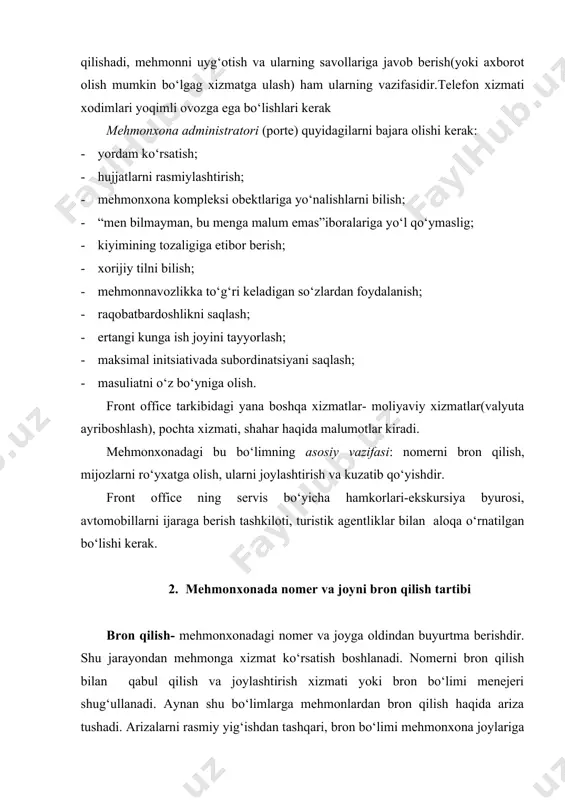 n talabni o‘rganib chiqishi shart.mehmonxonaning ko‘p yillik ish faoliyatini mazkur regionda o‘tkaziladigantadbirlar(festival, karnaval, sport musobaqalari) rejasini hisobga olib, nomerni o‘tgan va kelgusi davrda bandligini tahlil qilgach, bron bo‘limi marketing xizmati bilan birgalikda mehmonxona faoliyatini rejalashtiradi. ommaviy tadbirlar o‘tkaziladigan vaqtda mehmonxona joylariga bo‘lgan talab bir necha barobar oshadi. mehmonxona uchun ko‘p sonli qatnashuvchilarga ega tadbirlarga joy bron qilish foydaoidir, chunki bunday hollarda buyurtma tadbirdan ancha oldinroq amalga oshiriladi va uni bekor qilish riski katta emas. mehmonxona bandligi mavsum, mazkur hududning ishchan faolligi, iqtisodiy, siyosiy vaziyatga bog‘liq. siyosiy barqarorsizlik ro‘y berayotganda xavfsizlikni taminlash sustlashishi tufayli turistlarning ushbu hududga qiziqishi pasayadi.mavsum tig‘iz paytida mehmonxona ikkikarrali(dvoynoye) bron qilishni amalga oshiradilar. ikkikarrali bron-bu birdaniga ikki mijozga bir xil sanada kelajakda mehmonxonadan joy berish tasdig‘idir.bu yo‘lni tanlab mehmonxona juda katta tavvakkal qiladi. balkim ularning biri keyinchalik buyurtmani bekor qiladi yoki belgilangan kunda kelmas.unda tavvakkalchilik oqlanadi. agar o‘sha kuni har ikki mijoz ham kelsa-chi?albatta, birinchi kelgan mijoz …