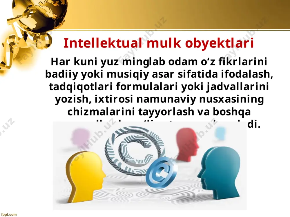 turdagi ishlab chiqarish uchun mo‘ljallangan texnika vositalari yordamida olingan natijalar. o‘zbekiston respublikasining fuqarolik kodeksi, 1044-modda. quyidagilar mualliflik huquqi obyektlari hisoblanmaydi: mualliflik huquqining amal qilish muddati mualliflik huquqining amal qilish muddati muallifning butun hayoti va u vafotidan so‘ng 50 yil davomida saqlanadi. mualliflik huquqining amal qilish muddati tugaganidan keyin asar ijtimoiy mulkka aylanadi. ijtimoiy mulk hisoblangan asardan har qanday shaxs mualliflik haqini to‘lamagan holda erkin foydalanishi mumkin. mualliflik shartnomasi muallif asarini tugatgach, uni keng ommaga tanishtirishga qaror qiladi va uni nashr qilish majburiyatini o‘z zimmasiga oladigan korxona bilan shartnoma tuzadi. mualliflik shartnomasi shartlarida noshirga beriladigan aniq huquqlar, shartnomaning amal qilish muddati va to‘lanadigan haq (qalam haqi) miqdori ko‘rsatiladi. bu shartlardan tashqari, muallif va nashriyot zarur deb hisoblagan boshqa shartlarni ham shartnomaga kiritishlari mumkin. o‘zbekiston respublikasida intellektual mulk sohasidagi munosabatlar xalqaro huquq me’yorlariga asoslangan holda hamda quyidagi hujjatlardan kelib chiqib tartibga solinadi: mualliflik huquqlarining xalqaro muhofazasi - adabiy va badiiy asarlarni muhofaza …