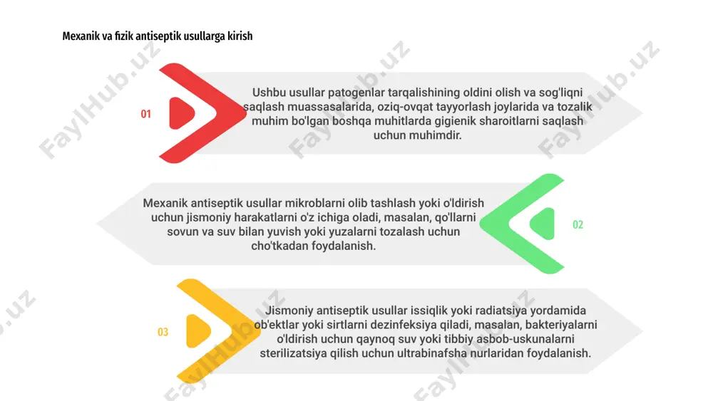 i yuzalar va jihozlarni dezinfeksiya qilish uchun tez va samarali yechim taklif etadi, bu esa uni yuqumli kasalliklarga qarshi kurashda muhim vositaga aylantiradi. mexanik antiseptik usullar infektsiyani oldini olish uchun mikroorganizmlarni yuzadan jismoniy yo'q qilish yoki yo'q qilishni o'z ichiga oladi. to'liq dezinfektsiyaga erishish va nozik yuzalarga zarar etkazmaslik kabi qiyinchiliklar mavjud. mexanik antiseptik texnikadagi muammolar va innovatsiyalar mexanik antiseptik texnikadagi yangiliklar ultratovushli tozalagichlar va yuqori bosimli yuvish vositalari kabi ilg'or uskunalarni ishlab chiqishni o'z ichiga oladi. ushbu texnologiyalar patogenlar bilan kurashish va gigienani saqlashning yanada samarali va samarali usullarini taklif qiladi. muammolarni hal qilish va mexanik antiseptik usullardagi innovatsiyalarni qo'llash orqali sog'liqni saqlash muassasalari infektsiyani nazorat qilish amaliyotini kuchaytirishi va zararli mikroorganizmlarning tarqalish xavfini kamaytirishi mumkin. bemor xavfsizligini ta'minlash uchun ushbu sohada doimiy izlanishlar va takomillashtirish muhim ahamiyatga ega. 01 02 03 04 mexanik antiseptik usullar mikroblarning umumiy yukini kamaytiradigan tozalash yoki yuvish orqali patogenlarni yuzadan jismoniy ravishda olib …