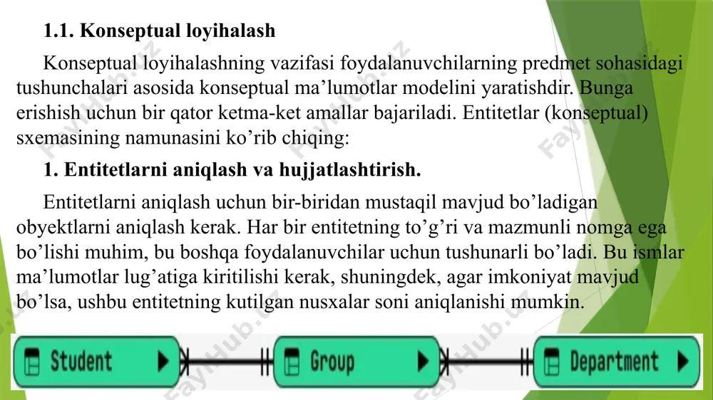 ashning asosiy vazifasi avvalgi bosqichni mantiqiy bog’langan modellarga aylantirishdir, bu biz tanlagan dbms xususiyatlariga bog’liq bo’lmaydi. buning uchun quyidagi amallar qo’llaniladi: bdning mantiqiy sxemalarining namunasi 1. ma’lumotlar modelini tanlash. ma’lumotlar jadval ko’rinishidagi tasviri va ular bilan ishlash qulayligi uchun relatsion/ nerelatsion ma’lumotlar modeli tanlanadi. 2. er-model asosida jadval to’plamlarini aniqlash va hujjatlashtirish. har bir entitet uchun jadval yaratiladi, entitetning nomi jadval nomi bo’ladi. jadval o’rtasida birlamchi va tashqi kalitlar mexanizmi orqali bog’liqliklar o’rnatiladi. jadval tuzilmalari va o’rnatilgan bog’liqliklar ham hujjatlashtirilishi kerak. 3. jadvallarni normallashtirish. biz normallashtirish haqida keyinroq batafsilroq gaplashamiz, lekin loyihalovchi ma’lumotlar semantikasini va ularni ishlatish xususiyatlarini yaxshi tushunishi kerak. jadvallarimizning normallashtirish darajasini tekshirish kerak va agar kerak bo’lsa, ularni uchinchi normal shaklga keltirish kerak. natijada, vertikal va gorizontal ravishda kengaytirib bo’ladigan juda moslashuvchan ma’lumotlar bazasi loyihasi hosil bo’ladi. 4. foydalanuvchilar tomonidan belgilangan barcha tranzaksiyalarni bajarish imkoniyatini mantiqiy ma’lumotlar modelini tekshirish. tranzaksiyalar nima ekanligini oldindan bilasiz va keling bir …