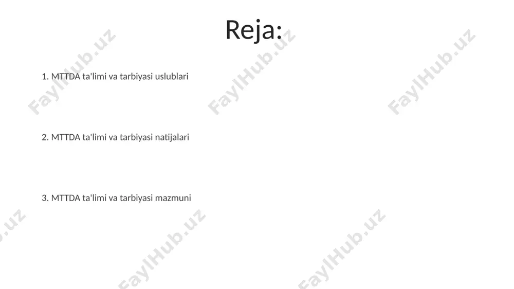 maxsus markazlarda diniy va axloqiy qadriyatlarga asoslangan holda tarbiyalashga qaratilgan bo'lib, 5 ta asosiy tamoyilga asoslanadi. mttda ta'limi va tarbiyasi tushunchasi mttda yondashuvi 3 ta asosiy yo'nalish – intellektual, axloqiy va jismoniy tarbiyani muvozanatli rivojlantirishga asoslangan bo'lib, toshkent shahridagi o'quv muassasalarida qo'llaniladi. mttda ta'lim tizimi 5 yillik tajribaga ega bo'lib, o'quv jarayonida zamonaviy texnologiyalarni, jumladan, interaktiv o'quv materiallarini va 100 dan ortiq o'quv qo'llanmalarini qo'llaydi. e'tiboringiz uchun rahmat @taqdimot_robot image4.jpg image5.jpg image6.jpg image7.jpg image8.jpg image1.jpeg image2.jpeg