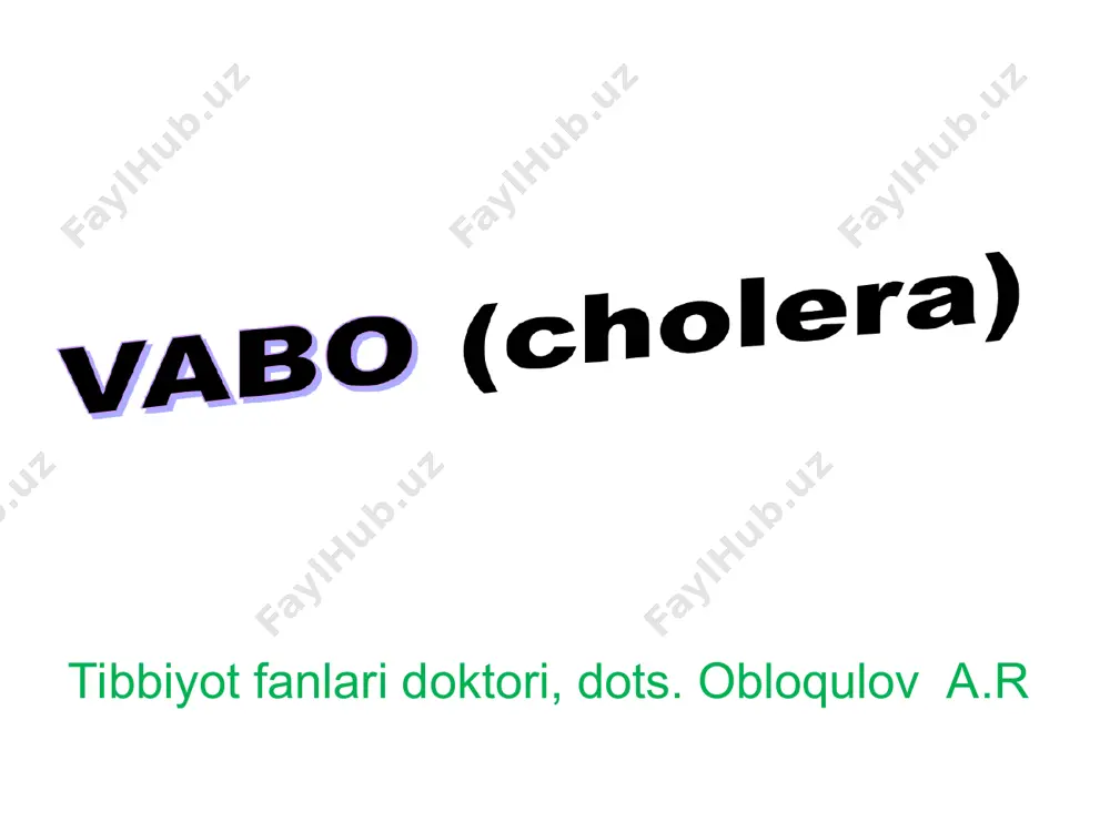 алаш патогенези вабо токсини таъсирида ичак шираси (соки) секрециясининг ошиши кутарилиш кутарилиш вабо токсини вабо вибрионининг токсинлари аденилат циклаза aтф ингичка ичак эпителий хужайраларида 31 – 51 амфнинг микдори ичак шираси (соки) секрецияси фосфодиэстраза амф иммунитети типоспецифик етарли даражада мустахкам камдан-кам холларда кайтадан касалланиш мумкин вакцинациядан кейинги сунъий иммунитет чидамсиз таснифи (г.п.руднев) i. типик кечганда: энтерит шакли. гастроэнтерит шакли. алгид шакли: а) реактив фазаси→ согайиш б) асфиктив фазаси→ вабо комаси→ улим холати ii. атипик кечганда: курук вабо. яшинсимон вабо. билинар-билинмас шакли. бактерия ташувчи. эль-тор вабонинг асосий клиник симптомлари яширин даври бир неча соатдан 5 кунгача, уртача 2-3 сутка, айрим холларда 10 кунгача уткир бошланади 1- клиник симптом – ич кетиш типик вабода нажас куриниши сувсимон, хира, окимтир суюклик, гуруч суви (кайнатмаси)ни эслатади, хидсиз ич келиши касалликнинг кечиш огирлигига боглик (суткасига 3-5 мартадан санаб булмайдиган даражагача) куп микдорда такрорий кунгил айнимасдан огзи тулик очилган холда кусиш тили курук, ок карашли мушакларда …