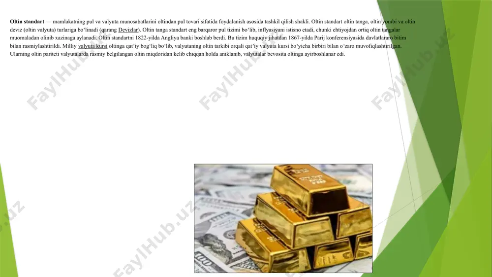 va ularning xususiyatlari keltirilgan: 1. naqd pul • ta'rif: naqd pul — bu banknotlar va tangalar shaklida mavjud bo'lgan haqiqiy pul. • xususiyatlar: – to'g'ridan-to'g'ri almashinuvi oson. – har qanday savdo operatsiyalarida tez va qulay foydalanish mumkin. – inflyatsiya ta'sirida qiymatini yo'qotishi mumkin. 2. bank hisob raqamlari (depositlar) • ta'rif: bank hisob raqamlari — bu banklarda saqlanadigan pul mablag'lari, ular elektron tarzda ishlatiladi. • xususiyatlar: – tezkor to'lovlar va transferlarni amalga oshirish imkonini beradi. – odatda, foiz daromadlari bilan bog'liq. – naqd puldan farqli ravishda, elektron to'lov tizimlari orqali foydalaniladi. 3. qimmatli qog'ozlar • ta'rif: qimmatli qog'ozlar — bu aktivlarning egalik huquqini ifodalovchi hujjatlar (masalan, aksiyalar, obligatsiyalar). • xususiyatlar: – investitsiya vositasi sifatida ishlatiladi. – bozor narxiga bog'liq ravishda qiymati o'zgaradi. – odatda, likvidligi pastroq, ya'ni tezda naqdga aylantirish qiyinroq. 4. kriptovalyutalar • ta'rif: kriptovalyutalar — bu raqamli yoki virtual pul shakllari bo'lib, ular kriptografiya yordamida himoyalangan. • xususiyatlar: – …