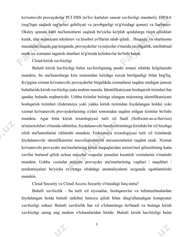 iyasi turli xil tizimlarda foydalanuvchi identifikatorini muvofiqlashtirish mexanizmlarini taqdim etadi. xizmat ko'rsatuvchi provayder ma'murlarining kirish huquqlaridan suiiste'mol qilinishining katta xavfini bartaraf qilish uchun mijozlar voqealar jurnalini kuzatish vositalarini o'rnatishi mumkin. ushbu vositalar mijozni provayder ma'murlarining vaqtlari / naqshlari / tendentsiyalari bo'yicha ro'yxatga olishdagi anomaliyalarni sezganda ogohlantirishi mumkin. cloud security va cloud access security o'rtasidagi farq nima? bulutli xavfsizlik - bu turli xil siyosatlar, boshqaruvlar va infratuzilmalardan foydalangan holda bulutli tarkibni himoya qilish bilan shug'ullanadigan kompyuter xavfsizligi sohasi. bulutli xavfsizlik har xil o'lchamlarga bo'linadi va bulutga kirish xavfsizligi uning eng muhim o'lchamlaridan biridir. bulutli kirish havfsizligi bulut tarkibini himoya qilishni ta'minlash bilan shug'ullanadi, bu bulutga kim kirishini va qanday ishlashini boshqarish uchun kirishning xavfsiz mexanizmlarini yaratish orqali. bulutli kirish xavfsizligini ta'minlash bulut xavfsizligini ta'minlash uchun juda muhimdir, chunki ruxsatsiz / tasdiqlanmagan foydalanuvchilarning bulutdagi ma'lumotlarga kirishlarini va bulutda saqlangan ma'lumotlarning xavfsizligi va maxfiyligini xavf ostiga qo'yish imkoniyatini yo'q qiladi. bulutli texnologiyada ma’lumot …