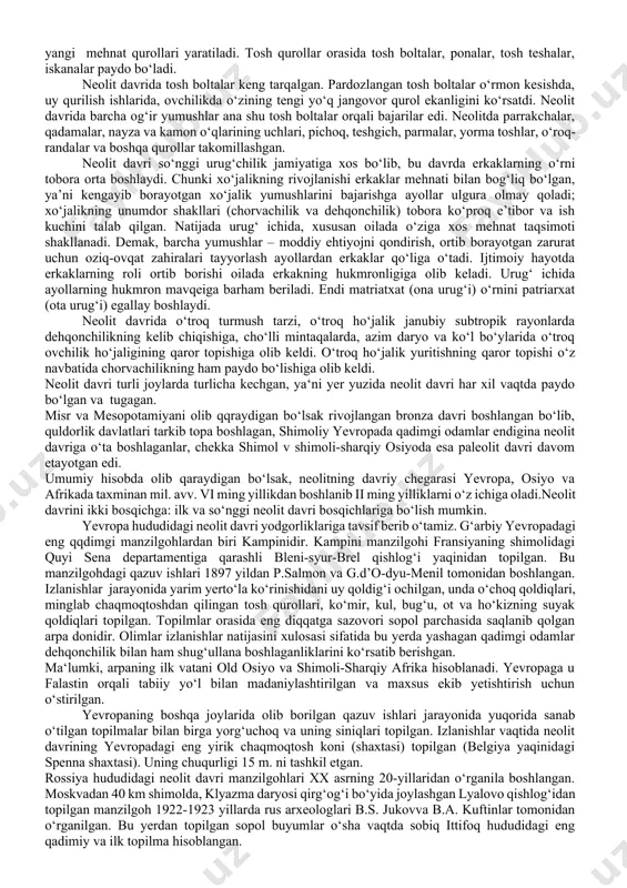i ho‘jalik deb atalib, unda nafaqat tabiatdan tayyor mahsulotlar o‘zlashtirilgan, balki chorvachilik va ziroatchilik orqali ehtiyoj uchun qo‘shimcha oziq-ovqatlar yaratilgan. masalan, hayvonlarni qo‘lga o‘rgatish orqali chorva mollariga ega bo‘linishi; yovvoyi o‘simliklarni madaniylash-tirish va boshoqli don ekinlari ekishga o‘tish va hakozo. neolit davrida qabilalarning ko‘pchiligi o‘troq hayot tarziga o‘tadi, doimiy yashash uchun manzillar qura boshlaydi. manzil va makonlar guvaladan qurilgan turar joylar shaklida bo‘lib, deyarli barcha xalqlarda bu xususiyat ko‘zga tashlanadi. avvalgidek daydib yurish, yangi-yangi ov makonlari qidirib ko‘chib yurishga barham beriladi. endi doimiy erto‘lalar, kulbalar yasash, loydan, zuvaladan uy qurish, neolit davri jamoasining asosiy odatiga, turmush tarziga aylanib boradi. shunday qilib, doimiy o‘troqlik xo‘jaligi paydo bo‘ladi. jamiyatda urug‘ning ahamiyati ortib, u o‘ziga xos munosabatda namoyon bo‘ladi. neolit davrida urug‘ jamoalarining qarorgohlari ham shakllanadi. o‘troq hayot tarzi mehnat qurollarining takomillashuvini tezlashtiradi. neolit davri kishilari qayerda, qaysi sharoitda yashamasin, ularning qurollari mezolit davri qurollariga nisbatan rivojlangan. kishilik tarixining neolit davri qurollarni ishlash …