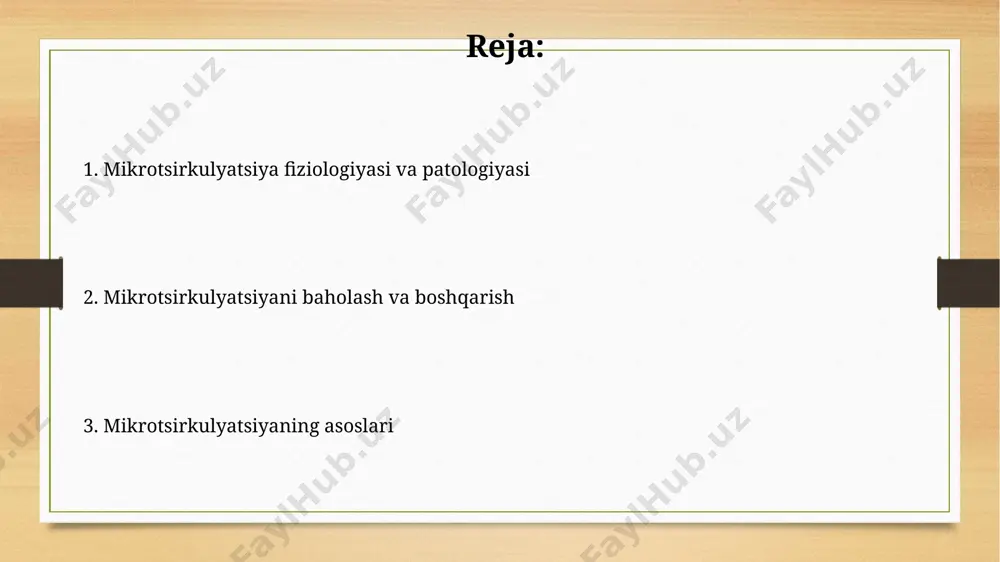 holati haqida ma'lumot beradi. bu usul 0,5-1 mm chuqurlikkacha kirib boradi. transkutan kislorod o'lchash (tcpo2) teri orqali kislorodning qisman bosimini o'lchaydi va ishemik yaralarni baholash uchun ishlatiladi. sog'lom terida tcpo2 qiymati 50-70 mmhg bo'lishi kerak. mikrosirkulyatsiya buzilishini davolash vazodilatatorlar, masalan, pentoksifillin, qon tomirlarini kengaytirib, qon oqimini 15-20% ga oshirishi mumkin. bu, ayniqsa, diabetik mikroangiopatiyada samarali. antiagregantlar, misol uchun, aspirinning kichik dozalari (75-100 mg) trombotsitlar agregatsiyasini inhibe qilib, mikrosirkulyatsiyani yaxshilaydi va tromboz xavfini kamaytiradi. mikrosirkulyatsiya buzilishining klinik ko'rinishlari rayno sindromi mikrosirkulyatsiya buzilishining namunasidir, qo'l va oyoqlarning kichik tomirlarida qon oqimi keskin ravishda kamayadi. haroratning tushishi va stress 3-5 daqiqa davom etadigan vazospazmga olib keladi. mikrosirkulyatsiya buzilishining klinik ko'rinishlari e'tiboringiz uchun rahmat @taqdimot_robot image7.jpg image8.jpg image9.jpg image10.jpg image11.jpg image12.jpg image13.jpg image3.png image4.png