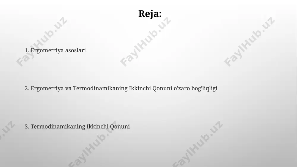 sikli uchun maksimal 70% ni tashkil etadi, qolgan 30% atrof-muhitga issiqlik sifatida tarqaladi. 1 kg suvni 1°c ga qizdirish uchun 4186 j issiqlik energiyasi kerak bo'ladi, bu esa taxminan 0,00116 kvt soatga teng keladi. mexanik ishga aylantirishda bu energiyaning bir qismi yo'qoladi. yuqori intensivlikdagi mashqlarning termodinamikasi anaerob metabolizmning faollashuvi natijasida sut kislotasi to'planishi, mushak hujayralarining ph darajasini 6,8 dan 6,4 gacha pasaytiradi, bu esa mushaklarning ishlash samaradorligiga salbiy ta'sir qiladi. yuqori intensivlikdagi mashqlarning termodinamik samaradorligi taxminan 20-25% ni tashkil etadi, qolgan energiya issiqlik shaklida chiqariladi. entropiyaning o'zgarishi va jarayonlarning yo'nalishi entropiyaning o'sishi (δs > 0) spontan jarayonlarning, ya'ni tashqi ta'sirsiz sodir bo'ladigan jarayonlarning yo'nalishini belgilaydi; masalan, issiqlikning yuqori haroratdan past haroratga o'tishi. izotermik jarayonlarda entropiyaning o'zgarishi δs = q/t formula orqali hisoblanadi, bu yerda q issiqlik miqdori, t esa mutlaq temperaturadir. ergometriya natijalarining talqini ergometrik tekshiruvdan olingan ma'lumotlarni tahlil qilishda, anaerobik chegaraning aniqlanishi (anaerobic threshold, at) juda muhim, chunki u …