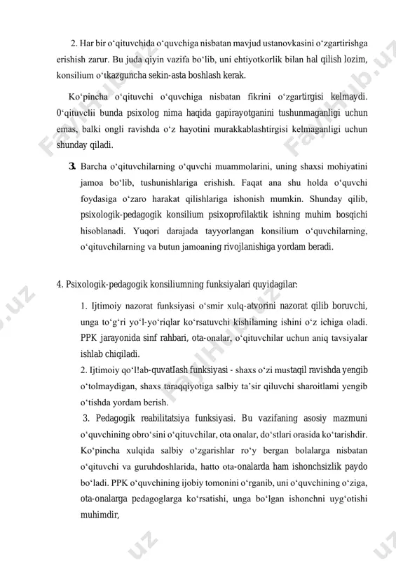 qida isbotlangan farazlarni keltirish zarur. 2. har bir o‘qituvchida o‘quvchiga nisbatan mavjud ustanovkasini o‘zgartirishga erishish zarur. bu juda qiyin vazifa bo‘lib, uni ehtiyotkorlik bilan hal qilish lozim, konsilium o‘tkazguncha sekin-asta boshlash kerak. ko‘pincha o‘qituvchi o‘quvchiga nisbatan fikrini o‘zgartirgisi kelmaydi. 0‘qituvclii bunda psixolog nima haqida gapirayotganini tushunmaganligi uchun emas, balki ongli ravishda o‘z hayotini murakkablashtirgisi kelmaganligi uchun shunday qiladi. 3. barcha o‘qituvchilarning o‘quvchi muammolarini, uning shaxsi mohiyatini jamoa bo‘lib, tushunishlariga erishish. faqat ana shu holda o‘quvchi foydasiga o‘zaro harakat qilishlariga ishonish mumkin. shunday qilib, psixologik-pedagogik konsilium psixoprofilaktik ishning muhim bosqichi hisoblanadi. yuqori darajada tayyorlangan konsilium o‘quvchilarning, o‘qituvchilarning va butun jamoaning rivojlanishiga yordam beradi. 4. psixologik-pedagogik konsiliumning funksiyalari quyidagilar: 1. ijtimoiy nazorat funksiyasi o‘smir xulq-atvorini nazorat qilib boruvchi, unga to‘g‘ri yo‘l-yo‘riqlar ko‘rsatuvchi kishilaming ishini o‘z ichiga oladi. ppk jarayonida sinf rahbari, ota-onalar, o‘qituvchilar uchun aniq tavsiyalar ishlab chiqiladi. 2. ijtimoiy qo‘l!ab-quvatiash funksiyasi - shaxs o‘zi mustaqil ravishda yengib o‘tolmaydigan, shaxs taraqqiyotiga salbiy …