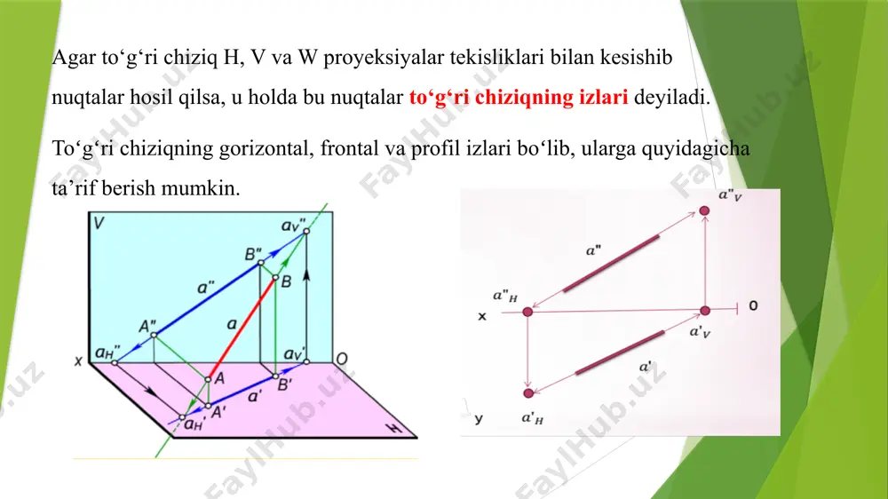 o‘zaro vaziyatlari. 1.ammo to‘g‘ri chiziqlar biror proyeksiyalar tekisligiga parallel bo‘lsa, u holda yuqorida keltirilgan shart bajarilmaydi. masalan, w tekislikka parallel bo‘lgan profil to‘g‘ri chiziq kesmalarning bir nomli gorizontal va frontal proyeksiyalari (p1 va p2) ning o‘zaro parallel bo‘lishi yetarli bo‘lmaydi. bunday hollarda to‘g‘ri chiziqlarning profil proyeksiyalarini yasash zarur. bunda p1″′||p2″′ bo‘lsa, bu to‘g‘ri chiziqlar o‘zaro parallel bo‘ladi. agar p1″′∩p2″′, bo‘lsa, bu to‘g‘ri chiziqlar ayqash bo‘ladi. shuningdek, bu to‘g‘ri chiziqlarning o‘zaro vaziyatini profil proyeksiyalaridan foydalanmasdan ham aniqlash mumkin. o’zaro kesishuvchi to’g’ri chiziqlar 2.agar ikki to‘g‘ri chiziq fazoda umumiy bir (xos) nuqtaga ega bo‘lsa, ular kesishuvchi to‘g‘ri chiziqlar deyiladi. fazodagi to‘g‘ri chiziqlar kesishish nuqtasining proyeksiyasi shu to‘g‘ri chiziqlar proyeksiyalarining kesishish nuqtasida bo‘ladi. kesishuvchi to‘g‘ri chiziqlarning bir nomli proyeksiyalari ham chizmada o‘zaro kesishadi va kesishish nuqta proyeksiyalari bir proyeksion bog‘lovchi chiziqda bo‘ladi. fazoda umumiy vaziyatda kesishuvchi to‘g‘ri chiziqlar berilgan bo‘lsa, bu to‘g‘ri chiziqlarning faqat ikkita bir nomli proyeksiyalarining kesishishi kifoya qiladi. agar kesishuvchi …