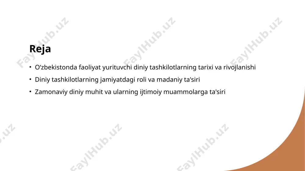 g'ib qilgan. 3 zamonaviy diniy harakatlarning o'ziga xos xususiyatlari so'nggi asrda diniy harakatlar yangi ijtimoiy sharoitlarga moslashib, milliy identitet va diniy ma'naviyatni yanada mustahkamlashga qaratilgan. diniy tashkilotlarning rivojlanishida ijtimoiy va madaniy omillarning roli jamiyat bilan aloqalar diniy tashkilotlar jamiyat bilan faol aloqada bo‘lib, odatda madaniy va ijtimoiy ehtiyojlarni qondirish uchun keng tarmoqlarga ega, ular orqali muammo va ehtiyojlar aniqlanadi. madaniy an’analarning ta’siri madaniy an’analarga asoslangan diniy amaliyotlar va urf-odatlar diniy tashkilotlarning rivojlanishiga ta’sir qiladi, ular milliy identitet va madaniy merosni mustahkamlashda muhim rol o‘ynaydi. ijtimoiy muhit va o‘zgarishlar ijtimoiy muhitdagi o‘zgarishlar, iqtisodiy sharoitlar va yoshlar orasida diniy qadriyatlarning qabul qilinishi diniy tashkilotlarning faoliyatiga va rivojlanish yo‘llariga ta’sir qiladi. oʻzbekistonda diniy tashkilotlarning tarixi va rivojlanish yoʻllari 01 diniy tarix va meros o'zbekistonda diniy tashkilotlarning tarixi qadimgi davrlarga, ayniqsa, islom va an'anaviy diniy amaliyotlarning rivojlanishiga asoslanadi, bu mamlakat madaniyatining ajralmas qismidir. 02 sovet davri ta’siri sovet davrida diniy faoliyat cheklangan bo'lsa-da, diniy …