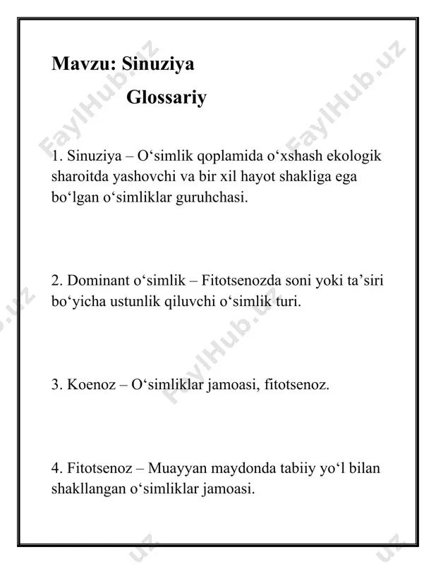 yil davomida o‘zgarishi. 25. fenologiya – o‘simliklarning fasllarga bog‘liq o‘sish va rivojlanish bosqichlari. 26. regeneratsiya – fitotsenoz tarkibining tabiiy tiklanishi. 27. degradatsiya – o‘simlik qoplamining tarkiban yoki tuzilman buzilishi. 28. klimaks – barqaror va nisbatan o‘zgarmaydigan o‘simlik jamoasi holati. 29. suktsessiya – fitotsenozning tabiiy yo‘l bilan ketma-ket o‘zgarishi. 30. sinuzial struktura – o‘simlik jamoasi ichida sinuziyalar orqali tashkil topgan tarkibiy tuzilma. namangan davlat pedagogika instituti aniq va tabiiy fanlar fakulteti biologiya yo‘nalishi bio - au - 23 guruhi talabas i to‘ychiboyeva nozimaxonning geobo tanika fanidan mustaqil ishi . /docprops/thumbnail.emf namangan davlat pedagogika instituti aniq va tabiiy fanlar fakulteti biologiya yo‘nalishi bio-au-23 guruhi talabasi to‘ychiboyeva nozimaxonning geobotanika fanidan mustaqil ishi.