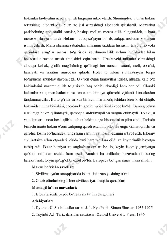 dan undan ta’sirlanganliklariga dalil ekaniga hech kim shubha qilmaydi. hayotning turli sohalarida ishlatiladigan evropa tillariga kirib qolgan arabcha so‘zlarni eslatib o‘tishimizga hojat bo‘lmasa kerak. hatto ba’zi so‘zlar xuddi arab tilidagidek bo‘lib qolgan. qutn (paxta), harirud-damashqiy (damashqiy harir), misk, sharob, jarra (ko‘za), limon, sifr (nol) va bulardan boshqa son-sanoqsiz so‘zlar shular jumlasidandir. to‘rtinchisi – qonunchilik maydonida. g‘arblik talabalarning andalus va boshqa erlardagi islomiy madrasalar bilan bog‘lanuvi fiqh va qonunshunoslikka oid hukmlar majmuining o‘z tillariga ko‘chishida katta rol o‘ynadi. ana shu paytda evropada mustahkam nizom va odil qonunlar bo‘lmagandi. hatto napoleonning misrdalik davrida molikiy fiqhidagi eng mashhur kitoblar fransuz tiliga tarjima qilindi. bu kitoblarning ilklaridan “xalil kitobi” bo‘lib, u fransuz fuqarolik kodeksining mag‘zi (asosi) bo‘lgan. kodeks molikiy fiqhi hukmlariga nihoyatda o‘xshash bo‘lgan. alloma sediyo aytadi: “afrika arablari bilan aloqalarimizda, alalxusus, nazarimizni tortgan narsa – molikiy mazhabi bo‘ldi. fransiya hukumati doktor berenga 1422 yilda vafot etgan xalil ibn ishoq ibn ya’qubning fiqhga doir …