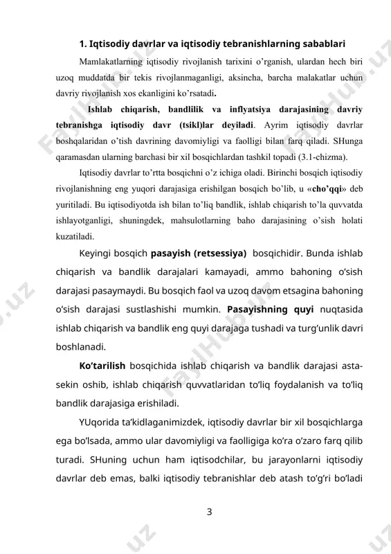 isodchilar, bu jarayonlarni iqtisodiy davrlar deb emas, balki iqtisodiy tebranishlar deb atash to’g’ri bo’ladi deb hisoblashadi. iqtisodiy tebranishlarning asosiy sababi sifatida iqtisodichilar uch omilni ko’rsatadi. birinchi guruh olimlar iqtisodiy tebranishlarning asosiy sababi texnika va texnologiyalarda ro’y beradigan o’zgarishlar deb hisoblaydilar. ularning fikricha fan-texnika yutuqlarini qo’llash natijasida iqtisodiyotda o’sish ro’y beradi. masalan avtomobilning yaratilishi yoqilg’i sanoati, neft qazib chiqarish, ximiya, yo’l qurilishi materiallari sanoatlarining jadal rivojlanishiga sabab bo’ldi. yangi texnologiyalar ishlab chiqarish unumdorligini bir necha baravar oshirish, ilgari foydalanilmagan resurslarni ishga tushirish imkonini beradi. texnik va texnologik yangiliklar doim ham yaratilavermasligi iqtisodiyotdagi tebranishlarga sabab bo’ladi. olimlarning yana bir guruhi iqtisodiy bosqichlarni siyosiy va tasodifiy vaziyatlarga bog’lashadi. bu jarayonni monetar siyosatga bog’laydigan olimlar ham mavjud. ya’ni, davlat qanchalik ko’p pul bosib chiqarsa, uning qadri shunchalik kamayib boradi, va aksincha, pul miqdori qanchalik kam bo’lsa, ishlab chiqarish ko’lamining pasayishi va ishsizlar sonining ortishi shunchalik tezlashadi. xullas, iqtisodiy bosqichlarni baholashga turli xil yondashuvlar mavjud. …