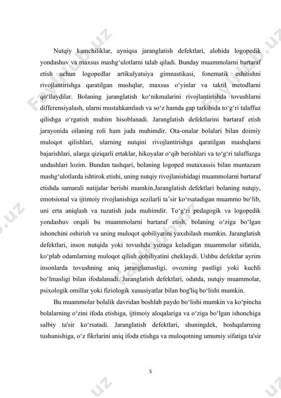 tlarining sabablari turlicha bo‘lishi mumkin, jumladan, genetika, fiziologik omillar, nutqiy rivojlanishdagi kechikishlar yoki travma natijasida yuzaga keladigan jarohatlar. bunday defektlar bilan shug'ullanish uchun maxsus terapiya va qo‘llab-quvvatlash zarur. nutq terapevtlari, psixologlar va o‘qituvchilar birgalikda jaranglatish defektlarini aniqlash va bartaraf etish uchun kompleks yondashuvlarni qo‘llashlari kerak. jaranglatish defektlari insonning nutqiy va ijtimoiy rivojlanishida muhim ahamiyatga ega. ularning bartaraf etilishi, shaxsning o‘zini ifoda etish qobiliyatini oshirish, ijtimoiy aloqalarini kuchaytirish va umumiy hayot sifatini yaxshilashga yordam beradi. nutq va tovushlarni rivojlantirish uchun olib boriladigan kompleks ishlar, jaranglatish defektlari bilan kurashishda muhim rol o‘ynaydi. jaranglatishtirish (fonatsion) nuqsonlari nutq tovushlarini to‘g‘ri talaffuz qilish qobiliyatining buzilishi bilan bog‘liq bo‘lib, bu muammo bolalar va kattalar orasida uchraydi. ushbu nuqsonlar fonatsiyaning to‘liq shakllanmagani, ovoz paychalari va nafas olish tizimi faoliyatining buzilishi, shuningdek, markaziy yoki periferik nerv tizimidagi muammolar bilan bog‘liq bo‘lishi mumkin. jaranglatish defektlari orasida disfoniyalar, afoniyalar, burun tovushliligi (rinolaliya) va boshqa buzilishlar mavjud. disfoniya ovoz kuchi va …
