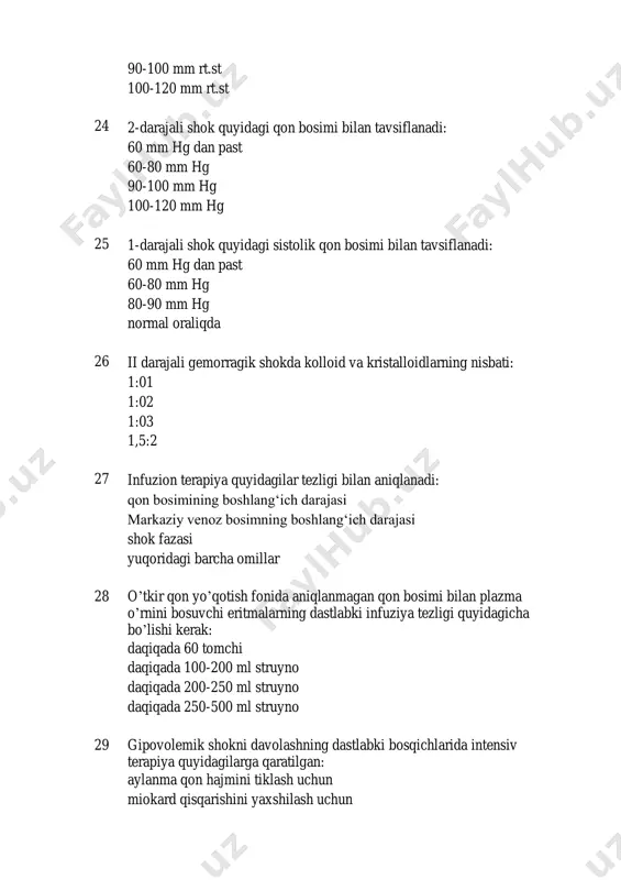 glyukokortikoidlar infuzion terapiya, sempatomimetika 43 anafilaktik shokning fulminant shakli quyidagilar bilan tavsiflanadi: agonal nafas olish, qon bosimining keskin pasayishi boʼgʼilish, issiqlik, qoʼrquv, ipga oʼxshash puls eshak yemi, kvinkening shishishi, terining qichishi allergenni yuborish uchun yurak va nafas olishni darhol toʻxtatishi 44 astmatik holatdagi antigistaminlar (difenhidramin, pipolfen va boshqalar) quyidagilarga olib kelishi mumkin: taxikardiya va mushaklarning titrashi yoʻtal refleksining kuchayishi nafas olishning keskin tushkunligi balgʻamning qalinlashishi, shu bilan uni evakuatsiya qilishni qiyinlashtiradi 45 astmatik holatdagi bemorlarda kislorod ingalatsiyasi paytida quyidagilar boʻlishi mumkin: keskin hayajon nafas olish markazining qoʻzgʻaluvchanligi va apneaning pasayishi taxikardiya kuchayishi bilan taxipnea qusish 46 turli darajadagi qizib ketish uchun terapevtik taktikalarga quyidagilar kiradi: fizik sovutish usullari va/yoki litik aralashmani tomir ichiga yuborish kristalloidlarni tomir ichiga yuborish antikonvulsanlar yuqorida aytilganlarning barchasi 47 giperglikemik komada palpatsiya paytida koʻz olmalarining tonusi: koʻtarilgan oddiy kamaygan aniqlanmagan 48 klinik jihatdan "sinkopal" choʻkish mavjudligi quyidagilar bilan tavsiflanadi: birlamchi laringospazm agonal davr birlamchi yurak toʻxtashi …
