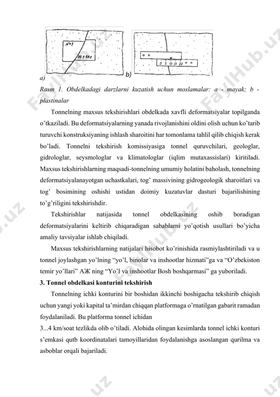 a olib o’tiladi. alohida olingan kesimlarda tonnel ichki konturi s’emkasi qutb koordinatalari tamoyillaridan foydalanishga asoslangan qurilma va asboblar orqali bajariladi. tonnel kesimi s’emkasining eng oddiy usuli-tonnel o’qi bo’yicha aniq vertikal o’rnatilgan o’lchov reykasi (3) va tiralgan uzun tayoq (1) tortib turadigan o’lchov lentasi (2) dan foydalanishdir (2,a-rasm). kontur nuqtalarining koordinatalari masofalarni bevosita o’lchash orqali aniqlanadi. rasm 2. obdelka ichki konturini o’lchash: a - reyka yordamida; b - transportir yordamida; v - projektorli gabarit o’lchagich yordamida boshqa bir aniqroq usul transportir (4) dan foydalanishga asoslangan (2,b-rasm). tonnel ichki konturidagi nuqtalar holati o’lchov lentasi (5) ning transportirlari yordamida aniqlanadi. bunda o’lchov lentasining uchi tanlab olingan nuqtaga uzun tayoq (6) bilan bosib turiladi. x va y nuqtalarining koordinatalari quyidagi formulalar orqali hisoblanadi: x =scos α y=ssin α . (1) bu yerda s - transportir markazidan obdelkadagi nuqtagacha bo’lgan masofa;  - transportirdan olingan markaziy burchak. ko’rib o’tilgan moslamalar cheklangan qo’llanishga egadir, chunki elektr …