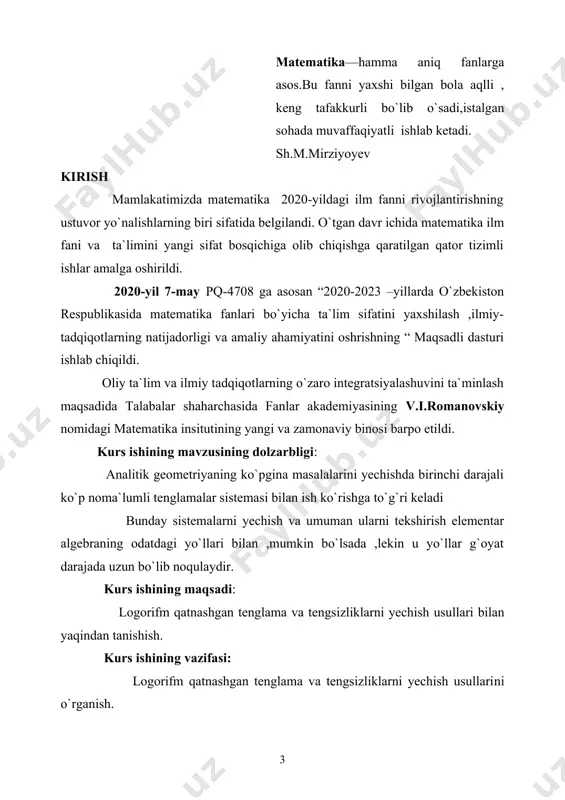 desak, 9) formula hosil bo`ladi. 5-misol. agar va bo`lsa, ni a va b orqali ifodalang? yechish: 6-misol. agar bo`lsa, x ni toping. yechish: bundan 12.2. o`nli va natural logarifmlar 1-ta`rif. asosi a=10 bo`lgan logarifmlar o`nli logarifmlar deyiladi va lgx orqali ifodalanadi, ya`ni log10x=lgx 7-misol. lg100=lg102=2 8: lg0,01=lg10-2=-2 2-ta`rif. natural logarifm deb asosi e son bo`lgan logarifmga aytiladi va lnx bilan belgilanadi, ya`ni logex=lnx, e soni irratsional son bo`lib, e=2,7182818284… amalda e≈2,7 deb qabul qilish mumkin. o`nli va natural logarifmlar orasida va bog`lanish mavjud. amalda va tengliklardan foydalanish mumkin. 9-misol. ln100, lge2 ni hisoblang. yechish: 12.3. logarifmik funksiya va uning grafigi logarifmik funksiya deb,2 y=logax funksiyaga aytiladi. bu yerda a>0, a≠1. funksiyaning ba`zi xossalarini ko`rib chiqamiz: 1) funksiyaning aniqlanish sohasi x>0. bu logarifmning ta`rifidan kelib chiqadi. 2) logarifmik funksiyaning qiymatlar sohasi barcha haqiqiy sonlar-dan iborat. haqiqatda, har qanday haqiqiy son b uchun shunday musbat x mavjudki, logax=b bo`ladi, ya`ni logax=b tenglama …