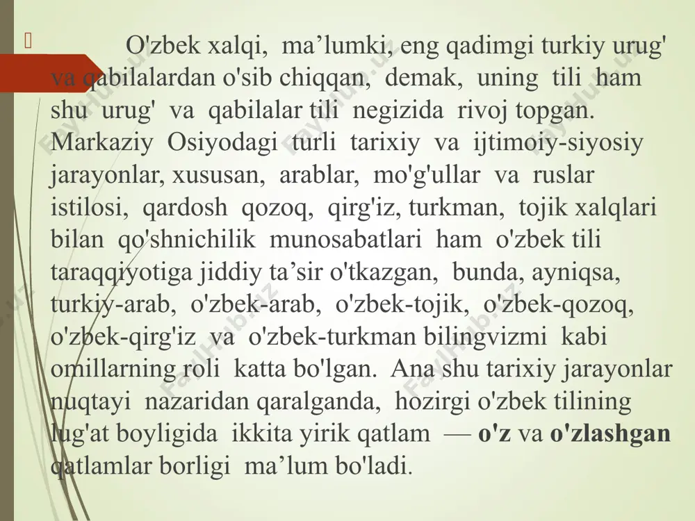 h qoliplariga asoslanadi, shu sababli bunday yasama so’zlar o'zbek tilining o’z qatlami birligi sanaladi. masalan: bosh (umumturkiy)+ «-la» (o'zb.) - boshla (o'zb.), temir (umumturkiy) + «- chilik» (o’zb.) - temirchilik (o'zb.), jang (f-t.) + «-chi» (o'zb.) —jangchi (o'zb.), madaniyat (ar.) + «-li» (o’zb.) - madaniyatli (o‘zb.), obuna (r-b.) + «-chi» (o’zb.) - obunachi(o’zb.), «be-» (f-t.) + bosh (umumturkiy) - bebosh (o’zb.) + «-lik» (o’zb.) - beboshlik (o’zb.), bil (umumturkiy) + «-im» (o’zb.) - bilim (o’zb.) + «-don» (f-t.) – bilimdon (o'zb.)kabi. sof o’zbek so'zlarining yasovchi asosi arabcha yoki ruscha-baynalmilal bo’lganda, yasalmaning o’zagi yoki asosida ikki unli yonma-yon kelishi, so’z boshida ikki-uch undosh qatorlashishi mumkin: maorifchi, matbaachi, doirachi, saodatli, manfaatli, dramnavislik, drenajlanmoq, plakatbop, planbozlik. e’tiboringiz uchun rahmat