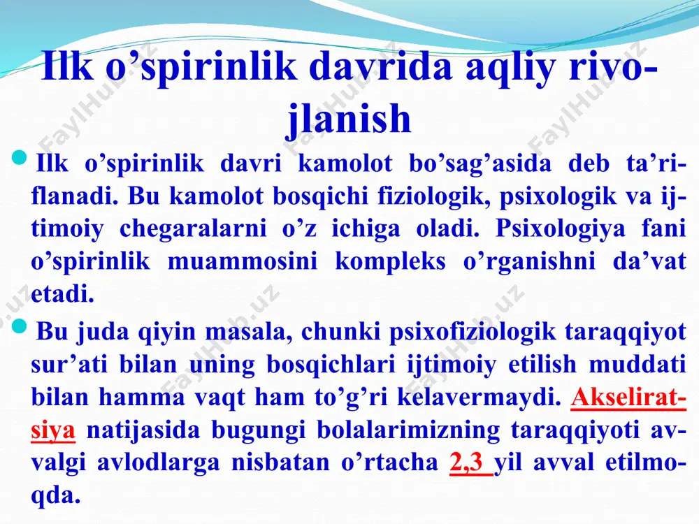 tini e’zozlashi, sezishi va faxmlashga ko’proq moyilligidir. o’spirin o’quvchida o’zini anglashi negizida o’zini tarbiyalash istagi tug’iladi. natijada unda o’z-o’zini tarbiyalash vositalarini saralash, ularni kundalik turmushga tadbik qilib ko’rish ehtiyoji vujudga keladi. o’quv va mehnat jamoalari ta’sirida matonat, jasurlik, sabr-toqat, kamtarlik, intizomlilik, xalollik kabi insoniy fazilatlar takomillashadi. xudbinlik, loqaydlik, munofiqlik, laganbardorlik, dangasalik, qo’rqoqlik, g’ayirlik singari illatlarning barham topishi tezlashadi. o’spirinlar shaxsining shakllanishi jarayonida jamoat tashkilotlarining roli alohida ahamiyat kasb etadi. ularda faollik, tashabbuskorlik, mustaqillik, qat’iyatlik, mas’uliyatlik, o’z harakatlarini tanqidiy baholash singari fazilatlari barqaror xususiyat kasb etib boradi. o’spirin yigit va qizlarning jamoatchilikda faol ishtirok etishi orqali muayyan tashkilotchilik qobiliyati namoyon bo’ladi. o’zining kimligi, qandayligi, qobiliyatlari, o’zini nimaga hurmat qilishini aniqlashga intiladirlar. do’st va dushmanlarining kimligi, o’z istaklari, o’zini va tevarak-atrofni, olamni yaxshi bilishi uchun nima qilish kerakligini anglashga harakat qiladi. o’spirinlar o’zlarida shaxsning muayyan kompleks sifatlarini hosil qilishga intiladilar. o’z-o’zini tarbiyalash masalalarida bir butun ma’naviy psixologik kiyofani shakllantirish masalasi qiziqtiradi. bunda …