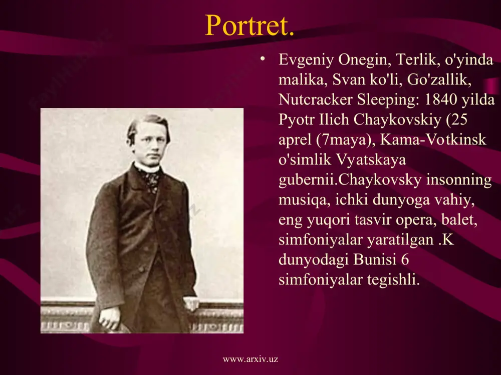 ktori etib saylandi uchun ketadi o'zgarishi uchun ehtiyoj hali mest.vo 1880 yilning ikkinchi yarim o'tkazgichlari boshlanadi деятельность чайковского-сначала в россии,а потом за границей.в эти годы чайковский исключительно активен в творческом отношении. www.arxiv.uz www.arxiv.uz hayotining oxirgi yillarida (1890-93). o'lim uning ijodiy kuchi va ulug'vorligi cho'qqisiga chaykovskiy tutdi: bastakor togo.kak sankt-peterburg shahrida o'zining oltinchi symphony (bosh 16 oktyabr, kasallik-21 oktyabr boshida) ning premerasi o'tkazilgan bir necha kun keyin vaboning yuqqan; o'lim 4 kundan keyin sodir bo'ldi. www.arxiv.uz www.arxiv.uz chaykovskiy qabri ustida yodgorlik. chaykovskiy u eng tez-tez amalga va dunyoga mashhur rus bastakor bo'lib qolmoqda, bu kungacha deyarli barcha musiqa zhanrah.i bir katta meros qoldirgan. www.arxiv.uz www.arxiv.uz chaykovskiy xonasi. chaykovskiy (1940) nomli, moskvada, moskva va kiev konservatoriyasida kontsert zali; s1958 moskvada har 4 yil xalqaro chaykovskiy musobaqasi bo'lib o'tdi. www.arxiv.uz www.arxiv.uz