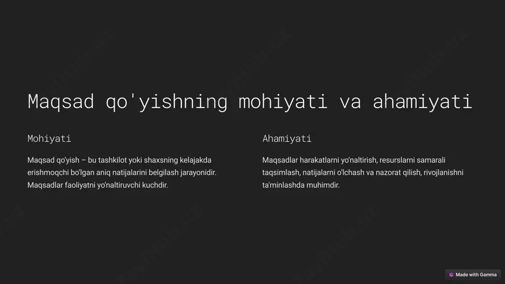 samarali tarzda qondirish uchun taqsimlash. prioritetlashtirish har bir ehtiyojni o‘z ahamiyatiga ko‘ra tartibga solish. doimiy tahlil ehtiyojlar va ularni qondirish jarayonini doimiy ravishda baholash. 6 ehtiyojlarni qondirishda muvofiqlik va samaradorlik strategik maqsadlar 1 resurslar 2 tashkiliy tuzilma 3 mijozlar 4 ehtiyojlarni qondirishda muvofiqlik va samaradorlikni ta'minlash tashkilotlar uchun eng muhim maqsadlardir. muvofiqlik ehtiyojlarni to‘g‘ri va belgilangan mezonlarga mos ravishda qondirishni anglatadi, samaradorlik esa resurslarni minimal xarajat bilan maksimal natijaga erishishdir. 7 ehtiyojlarni qondirishda muvofiqlik va samaradorlik 1 strategik maqsadlar 2 resurslar 3 tashkiliy tuzilma ehtiyojlarni qondirishda muvofiqlik va samaradorlikni ta'minlash tashkilotlar uchun eng muhim maqsadlardir. muvofiqlik ehtiyojlarni to‘g‘ri va belgilangan mezonlarga mos ravishda qondirishni anglatadi, samaradorlik esa resurslarni minimal xarajat bilan maksimal natijaga erishishdir. 8 xulosa maqsad qo‘yish va ehtiyojlarni boshqarish tashkilotning muvaffaqiyatli rivojlanishi va strategik maqsadlariga erishishida hal qiluvchi omil hisoblanadi. ushbu tadqiqotda taklif etilgan yondoshuvlar va tavsiyalar rahbarlik faoliyatida samarali qarorlar qabul qilish, resurslardan oqilona foydalanish va uzoq …