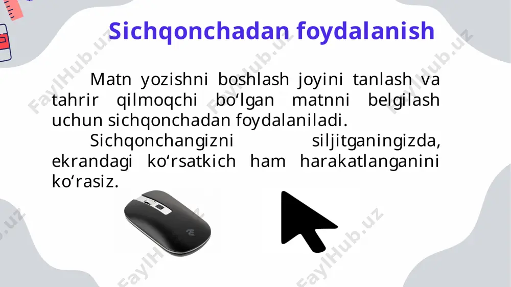 nini koʻrishingiz mumkin. klaviatura tugmasini bosganingizda, uning pastki qismida joylashgan belgi yoziladi. agar yuqori qismidagi belgini yozmoqchi boʻlsangiz, shift tugmasini bosib ushlab turgan holda, kiritmoqchi bo‘lgan belgi tugmasini tanlashingiz kerak, shunda yuqori qismda joylashgan belgi yoziladi. mavzuni mustahkamlash uchun amaliy mashg’ulot. 2.1-mashg‘ulot hujjatingizga quyidagi gaplarni yozing: men informatikani yaxshi ko‘raman, bu juda ham qiziqali fan va men ko‘pgina foydali bilimlarni olaman. tinish belgilaridan o‘z o‘rnida foydalanganingizni tekshiring. 2.2-mashg‘ulot “soʻz va gaplar orasida boʻsh joy qoldirish” qismidagi ma’lumotlarni yodga oling. yangi xatboshi yarating va siz yoqtirgan aktga oid biror qiziqarli gap kiriting. oxirgi gapingiz va yangi gapingiz orasida yangi xatboshi yaratganingizni koʻrsatuvchi boʻsh joy mavjud ekanligini tekshiring. image2.jpg image3.png image4.png image5.png image6.png image7.png image8.png image9.png image10.png image11.png image12.png image1.jpg /docprops/thumbnail.jpeg