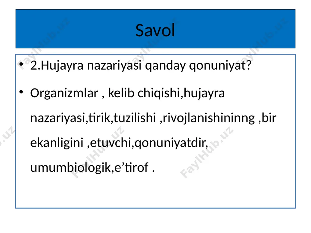 a hosil bo'ladi + 15 h20 va c02 hosil bo'ladi + yangi mavzu yuzasidan masalalar yechish 1.glikoliz jarayonida 4500 g glukoza parchalangan bo’lsa, hujayrada qancha sut kislota hosil bo’ladi? javob 4500 g glukoza - x g sut kislota 180 g glukoza – 180 g sut kislota x=(4500*180)/180 =4500 g sut kislota javob: 4500 g sut kislota hosil bo’ladi. 180 g 180 g 2.masala anaerob nafas olish jarayonida sitoplazmada 14 molekula sut kislota hosil bo‘ldi. parchalangan glukozaning miqdorini aniqlang. javob 14 mol sut kislota –x glukoza 2 mol sut kislota – 180 g glukoza x=(14*180)/2=1260 g glukoza javob: 1260 g glukoza parchalangan. 180 g 2 mol 3.masala dissimilatsiya jarayonida 7 mol glukoza parchalangan. agar 2 mol glukoza to‘liq parchalangan bo‘lsa, qancha (mol) atf sintezlangan? javob 2 mol glyukoza – x mol atf 5 mol glyukoza – x mol atf 1 mol glyukoza -38 mol atf 1 mol glukoza – 2 mol …