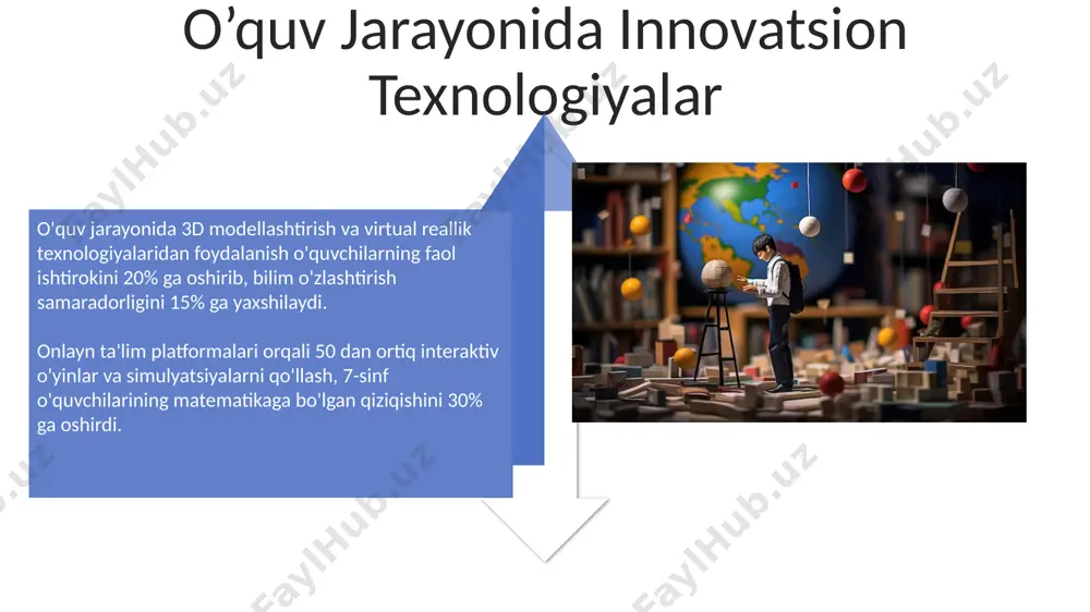 ’lim va ishlab chiqarishning integratsiyasi o'quv jarayoniga 30% gacha samaradorlikni oshirishga yordam beradi, ammo bu 10 dan ortiq turli xil muammolarni keltirib chiqarishi mumkin, masalan, resurslarning yetarli emasligi. fan, ta’lim va ishlab chiqarishning integratsiyasi uchun zarur bo'lgan pedagogik texnologiyalar va uslubiy qo'llanmalar soni cheklangan bo'lib, bu o'quv jarayonini diversifikatsiyalashni qiyinlashtiradi va 5 ga yaqin samarali model mavjud. axborot-kommunikatsiya texnologiyalarining rolini o’rganish axborot-kommunikatsiya texnologiyalari (akt) o'quv jarayoniga integratsiyasi o'quvchilarning bilim olish samaradorligini 20-30% ga oshirishi mumkin, bu esa ta'lim sifatining yaxshilanishiga olib keladi. interaktiv o'quv dasturlari va simulyatsiyalarni qo'llash orqali akt o'quv jarayoniga faol ishtirok etishni ta'minlaydi va bilish jarayonlarini 1,5-2 barobar tezlashtiradi. kelajakdagi tadqiqotlar yo’nalishlari kelajakdagi tadqiqotlar 3 yoshdan 7 yoshgacha bo'lgan bolalarda integratsiyalashgan ta'limning samaradorligini o'rganishga, o'quv jarayoniga 10 ta innovatsion texnologiyalarni qo'llashni tahlil qilishga qaratilishi mumkin. pedagogik eksperimentlar orqali, kamida 5 ta turli integratsiya modellarini solishtirish va o'quv natijalarini (baho, bilim darajasi) miqdoriy tahlil qilish zarur. e'tiboringiz uchun …