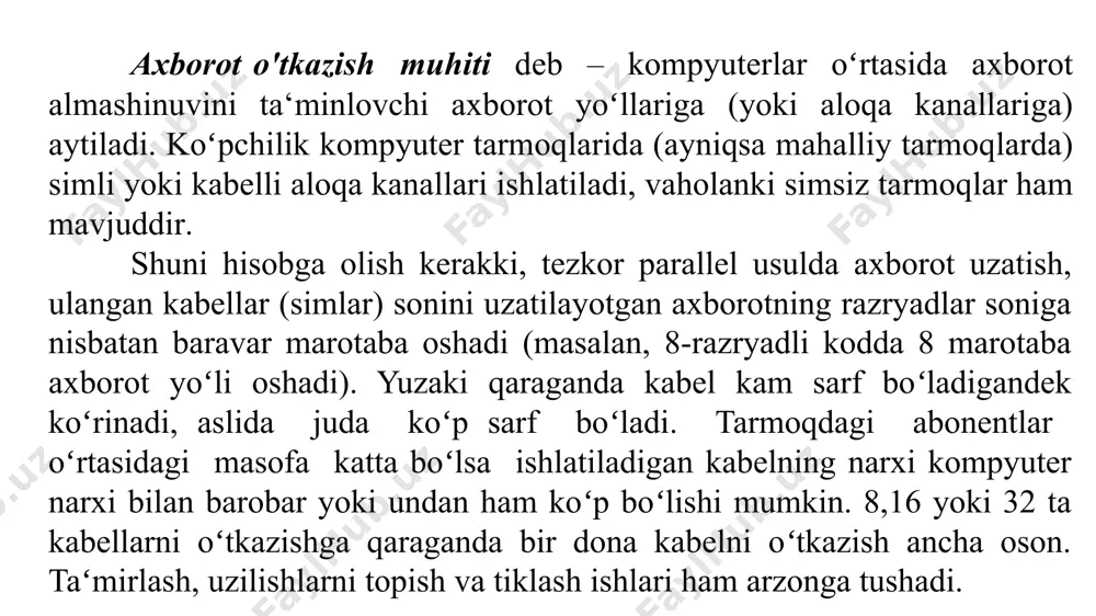 ay juftliklarning bir nechtasi umumiy dielektrik (plastikli) gʻilofga olingan boʻladi. u ancha egiluvchan va uni aloqa kanaliga yotqizish qulaydir. odatda oʻralgan juft kabel tarkibi 2 ta yoki 4 ta juftlikdan iborat boʻladi: 1-rasm. oʻralgan juft kabelining tuzilishi. kabellar ikki turdagi tashqi qobigʻida ishlab chiqariladi: polivinilxloridli qoplamali (pvx, pvc) kabellar arzon va xona sharoitida ishlatilish uchun moʻjallangan. teflon qoplamali kabellar, nisbatan narxi qimmat va tashqi muhitda foydalanish ham mumkin. shu oʻrinda aytib oʻtish lozimki koʻpgina kabel tarkibidagi oʻralgan juftliklarni har birining qoplamasi alohida rangda boʻladi. bu hol razyemlarni kabel uchlariga ulash vaqtida, ayniqsa kabel uchlari boshqa boshqa xonada boʻlsa va asboblar yordamida nazorat qilish qiyin holda, ulashni sezilarli darajada osonlashtiradi. koaksial kabel elektr toki oʻtkazuvchi kabel boʻlib, tuzulishi 2–rasmda koʻrsatilgandek markaziy mis sim ichki dielektrik qoplamaga olingan boʻlib metal sim toʻqimaga (ekran) oʻralgan, hamda u umumiy tashqi qoplamaga olingan boʻladi. yaqin vaqtgacha koaksial kabellar eng koʻp tarqalgan kabellar edi, buning sababi …