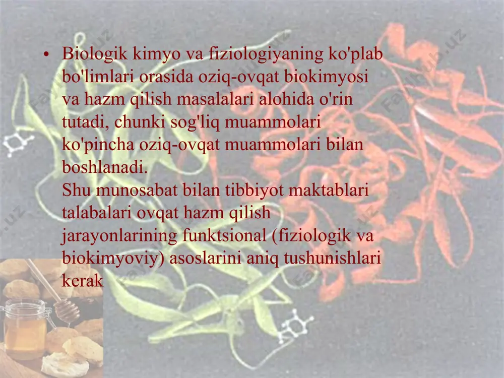 i, so’lak ph ni taminlaydi. ca va p ning ortishi ph ortishiga olib keladi. ca va p yetishmovchiligida ph kamayishi kuzatiladi amilaza va maltaza fermentlari me’da shirasi tarkibi va xossalari. shira ajratish faoliyati me’daning shilliq qavatida joylashgan bezlar tomonidan amalga oshiriladi. bunda uch xil bezlar o’z hususiyatiga ko’ra tafovut qilinadi: kardial, fundal (me’daning xususiy bezlari) va pilorik (me’dani o’n ikki barmoqli ichakka o’tadigan sohasidagi bezlar). bezlar- bosh, parietal(koplama), qo’shimcha hujayralardan va mukotsitlardan iborat. bosh hujayralar - pepsinogen, parietal hujayralar –xlorid kislota, qo’shimcha hujayra va mukotsitlar-mukoid shira ishlab chiqaradi. fundal sohada har uchchala hujayralar mavjud. shuning uchun ham fundal soha shirasi fermentlarga boy, ko’p miqdorda hcl saqlaydi va me’da hazmida ahamiyati katta. katta yoshli odamlarda bir sutka davomida 2-2,5 l miqdorda me’da shirasi ajraladi. me’da shirasi kislotali muhitga (ph 1,5-1,8) ega. uning tarkibi 99% suv va 1% quruq organik va anorganik moddalardan iborat. me’da shirasining asosiy kimyoviy tarkibi me’da shirasining asosiy …