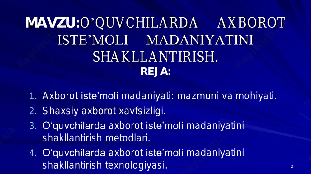 adrini esga olish, uning har lahzasi hisobli ekani, qiyomat kunida hisob-kitob bo‘lishini esga olish zarur. aynan ushbu his-tuyg‘u bo‘lmagani uchun ko‘pchilik internetda soatlab vaqtini, aziz umrning tansiq kunlarini zoe qilishni o‘ziga ep ko‘rmoqda. uzoq vaqt davomida, sakkiz-o‘n soatlab internetda o‘tirganlar o‘ziga xos xastaliklarga chalinganlari haqidagi xabarlar behuda tarqalmagan bo‘lsa kerak. musulmon inson esa, doimo, jumladan, internetdan foydalanishda ham umrining har lahzasi borasida oxiratda so‘ralishini zinhor unutmaydi. ibn mas’ud roziyallohu anhudan rivoyat qilinadi: «nabiy sollallohu alayhi vasallam dedilar: «qiyomat kuni odam bolasining qadami to undan besh narsa haqida: umrini nimaga sarflagani, yoshligini nimaga ketkazgani, molini qaerdan kasb qilgani va sarflagani, bilganiga qanday amal qilgani haqida so‘ralmagunicha robbining huzuridan uzilmaydi». termiziy rivoyat qilgan. 6 – internetga kirishdan oldin ish rejasini yaxshilab tuzib olish kerak. har bir ishdagi kabi internetdan foydalanishda ham yaxshiliab tuzilgan reja asosida ish yuritish lozim. maqsad va ko‘zlangan foyda aniq bo‘lsin. kirish niyat qilib turilgan saytning nomi tayyor bo‘lsin. …