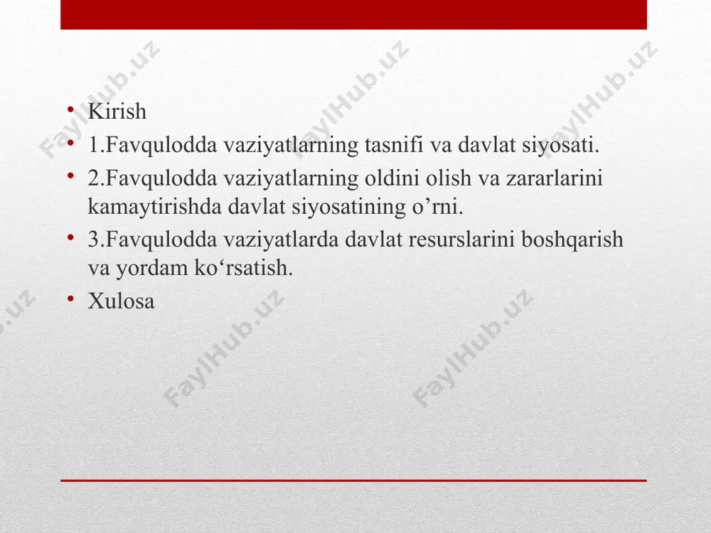 avob berish va oqibatlarini bartaraf etish uchun barcha davlat organlari, tashkilotlar, muassasalar va aholi resurslarini birlashtiradi va muvofiqlashtiradi. ydbt asosiy vazifalari: 1. favqulodda vaziyatlarni aniqlash va oldini olish xavfli hududlarni o‘rganish va monitoring qilish. tabiiy va texnogen hodisalarni prognoz qilish. zarur profilaktika chora-tadbirlarini amalga oshirish. 2. favqulodda vaziyatlarga tayyorgarlik ko‘rish maxsus o‘quv mashg‘ulotlari va treninglar o‘tkazish. resurslar va uskunalarni tayyor holda saqlash. aholini xabardor qilish va evakuatsiya qilish bo‘yicha rejalar ishlab chiqish. 3. favqulodda vaziyatlarni bartaraf etish qutqaruv operatsiyalarini tashkil etish. jabrlanganlarga tibbiy va gumanitar yordam ko‘rsatish. vaziyatni normal holatga qaytarish uchun zarur ishlarni amalga oshirish. 4. tizim ishtirokchilarini muvofiqlashtirish davlat organlari, mahalliy hokimiyatlar, huquqni muhofaza qilish organlari, nodavlat tashkilotlar va xalqaro hamkorlarning birgalikdagi harakatlarini boshqarish. ydbt tarkibi:davlat boshqaruv organlari: prezident, hukumat, favqulodda vaziyatlar vazirligi. hududiy bo‘linmalar: viloyat, tuman va shahar favqulodda vaziyatlar boshqarmalari. ixtisoslashgan xizmatlar: qutqaruvchilar, tibbiy xizmatlar, yong‘in xavfsizligi xizmatlari va boshqalar. ydbt doirasida barcha faoliyat qonuniy me'yorlar, …